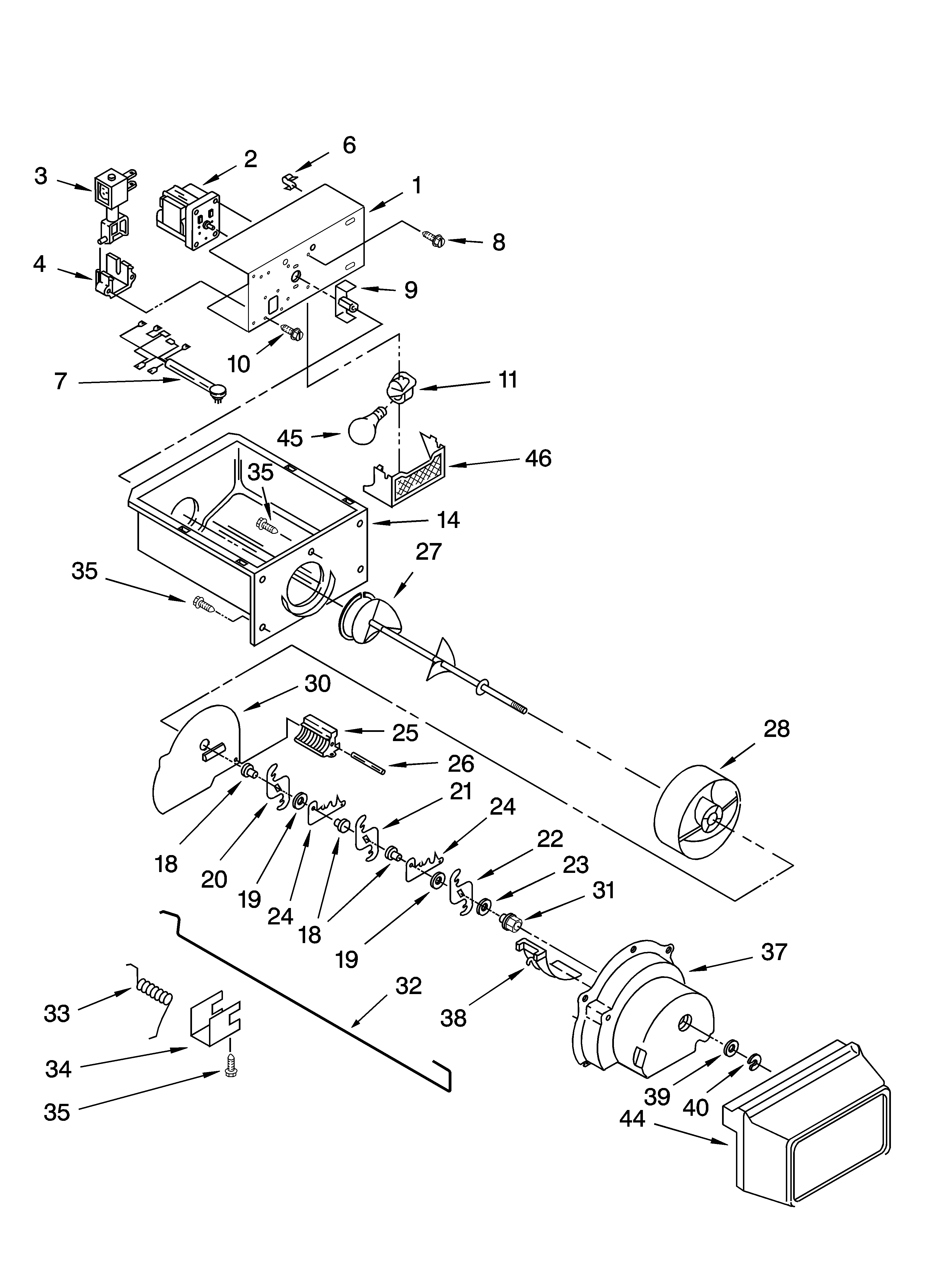 Kenmore 10655549401 motor and ice container parts diagram