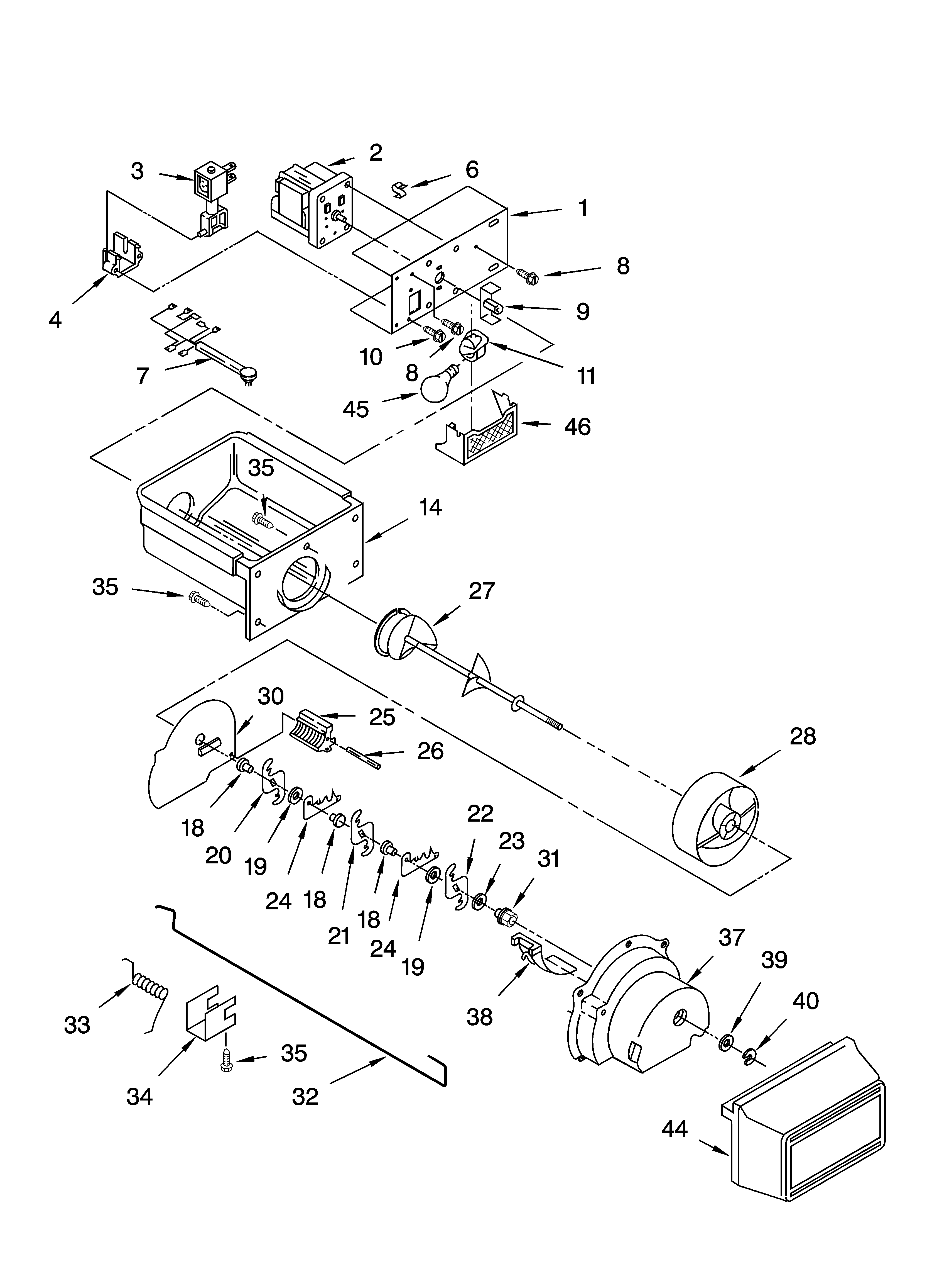 Kenmore 10655562501 motor and ice container parts diagram
