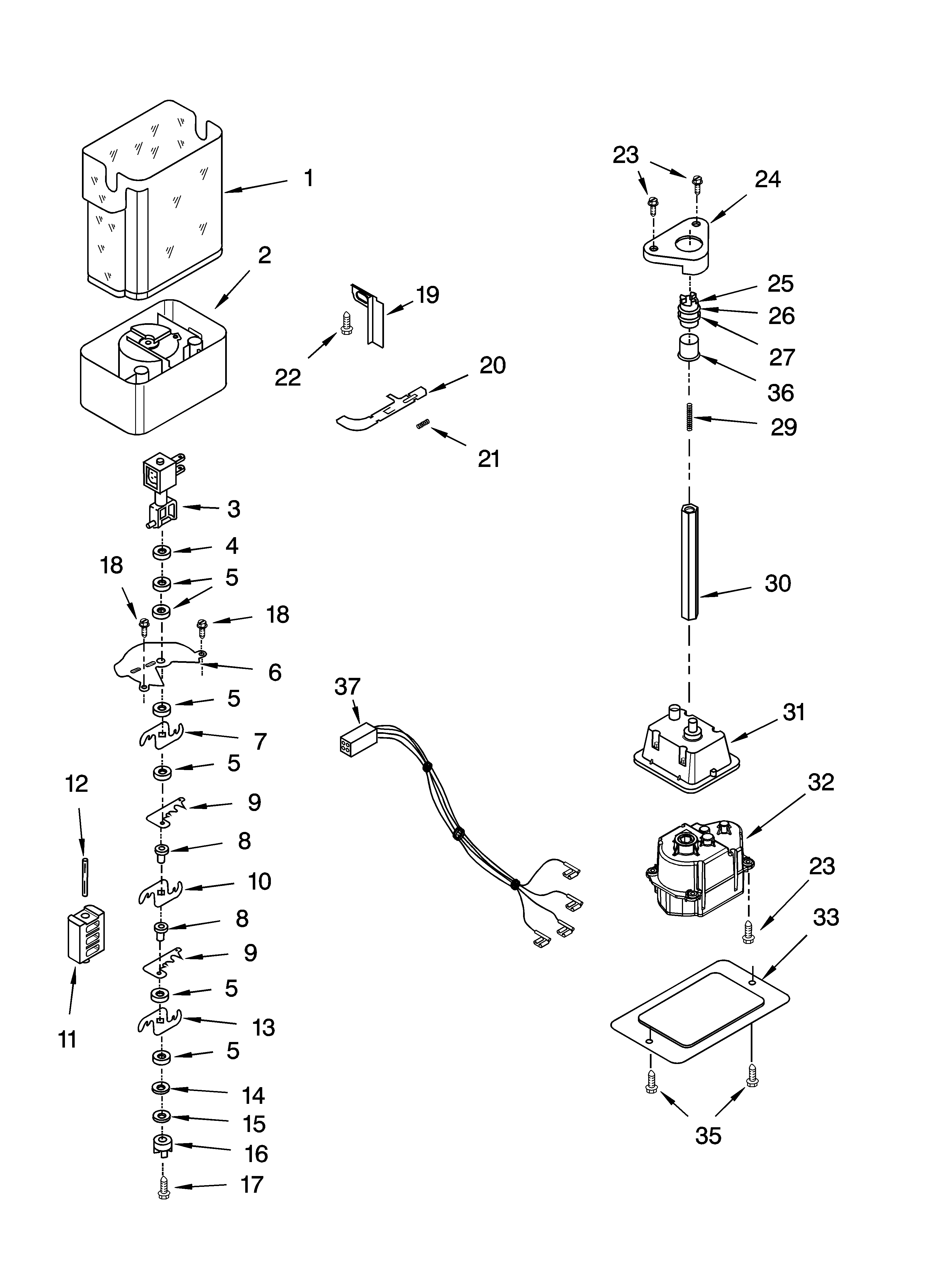 Kenmore Elite 10655612400 motor and ice container parts diagram