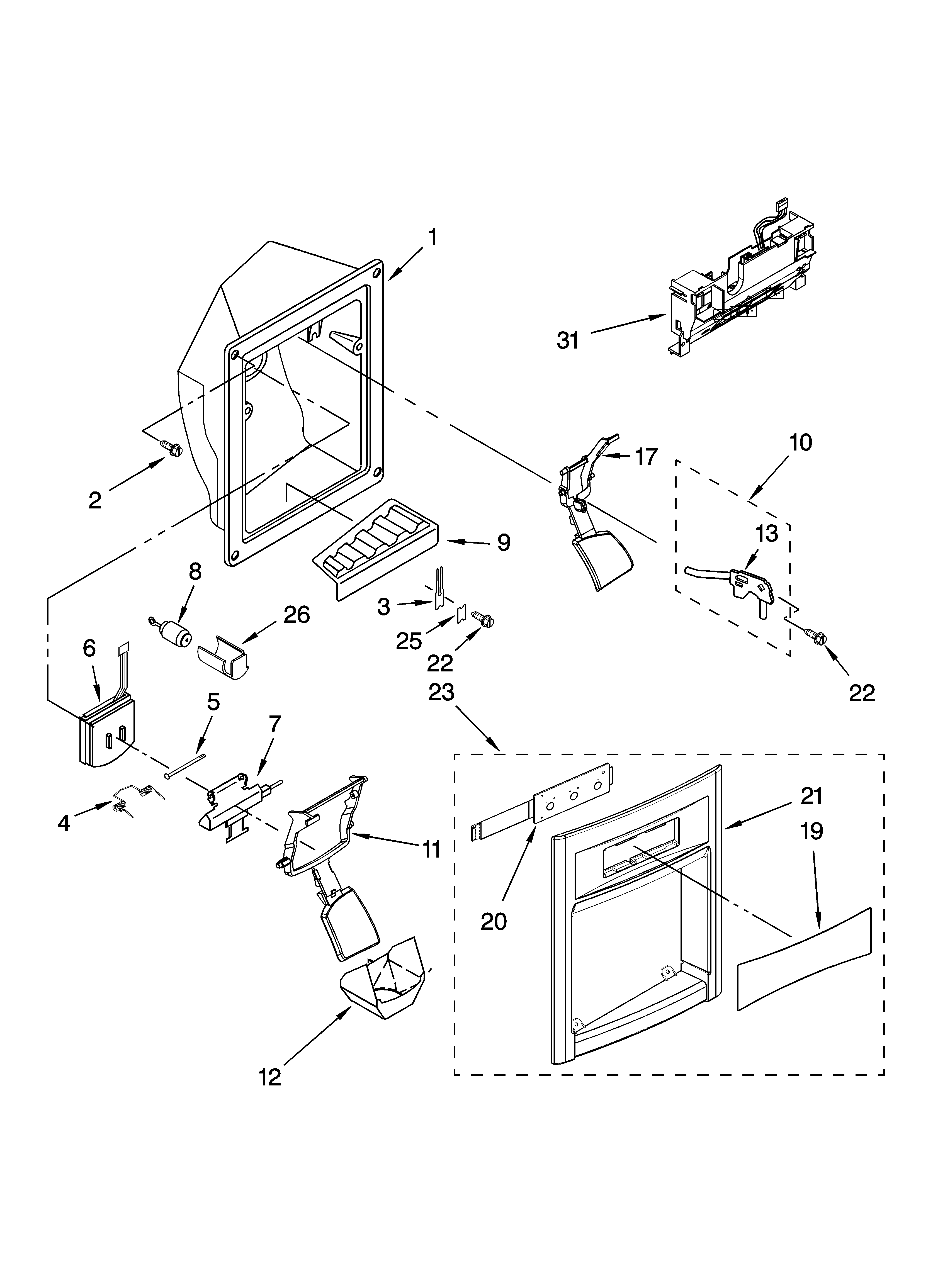 Kenmore Elite 10655612400 dispenser front parts diagram