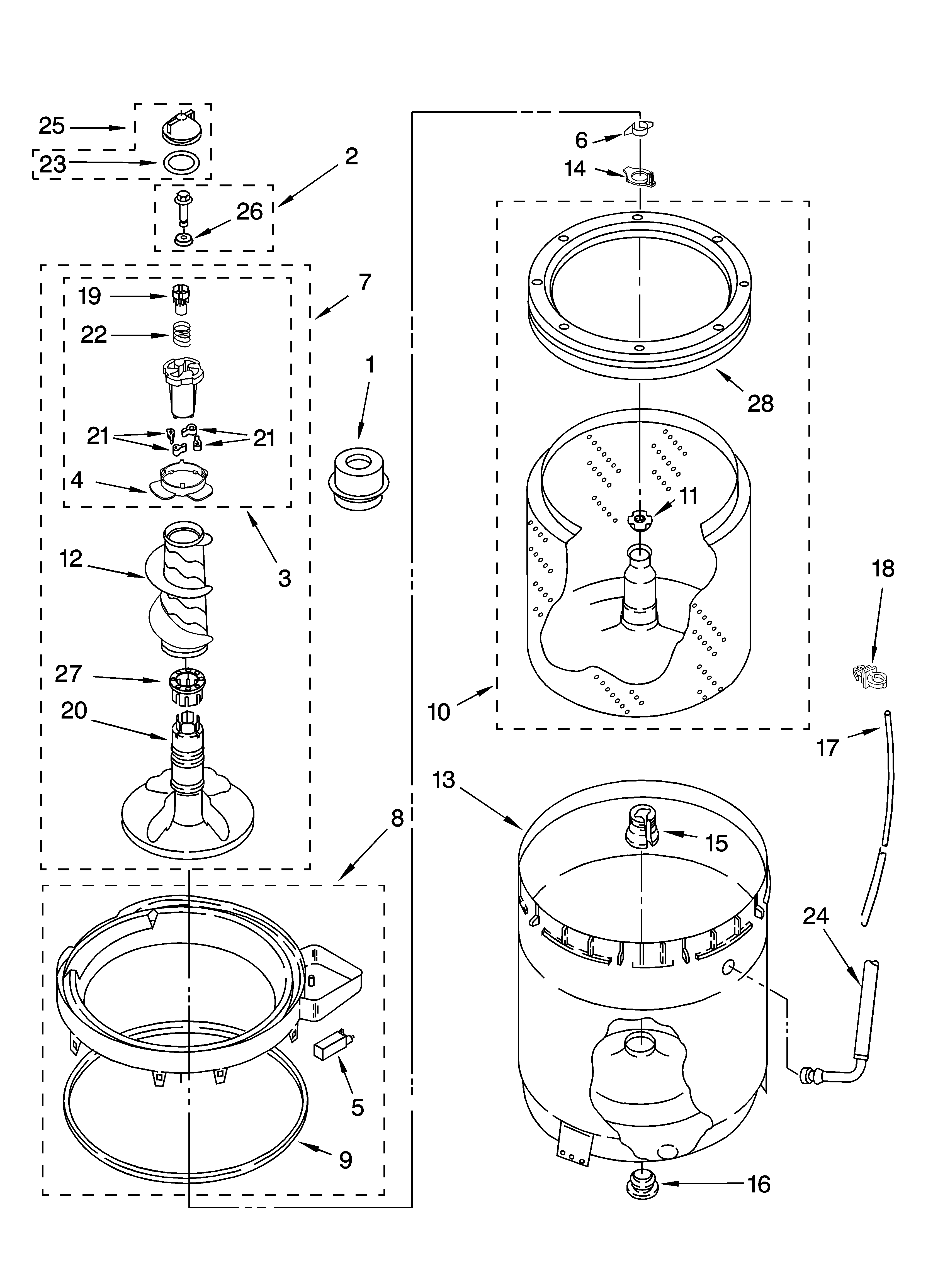 Kenmore Elite 11026962502 agitator, basket and tub parts diagram