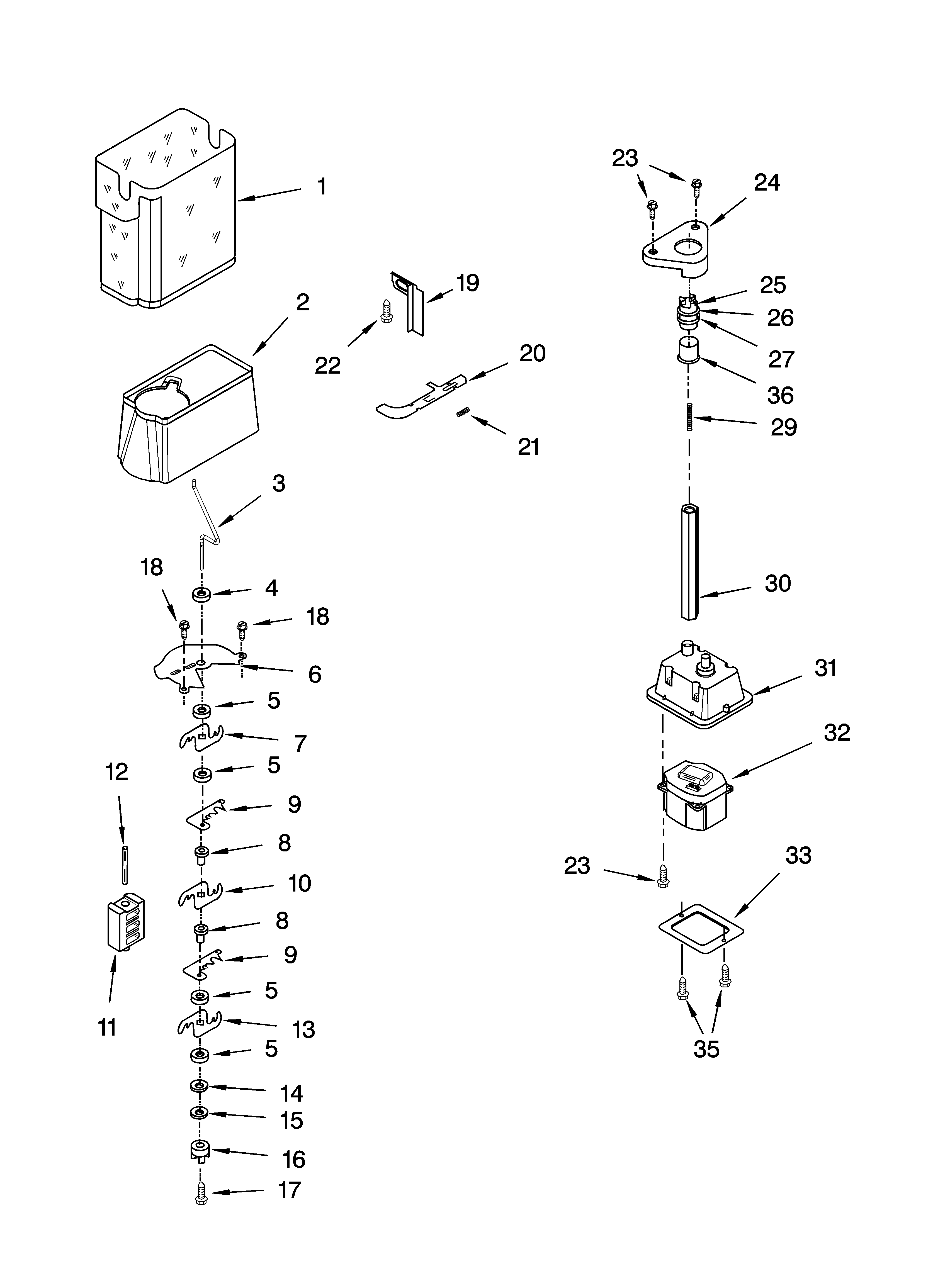 Kenmore 10656536401 motor and ice container parts diagram