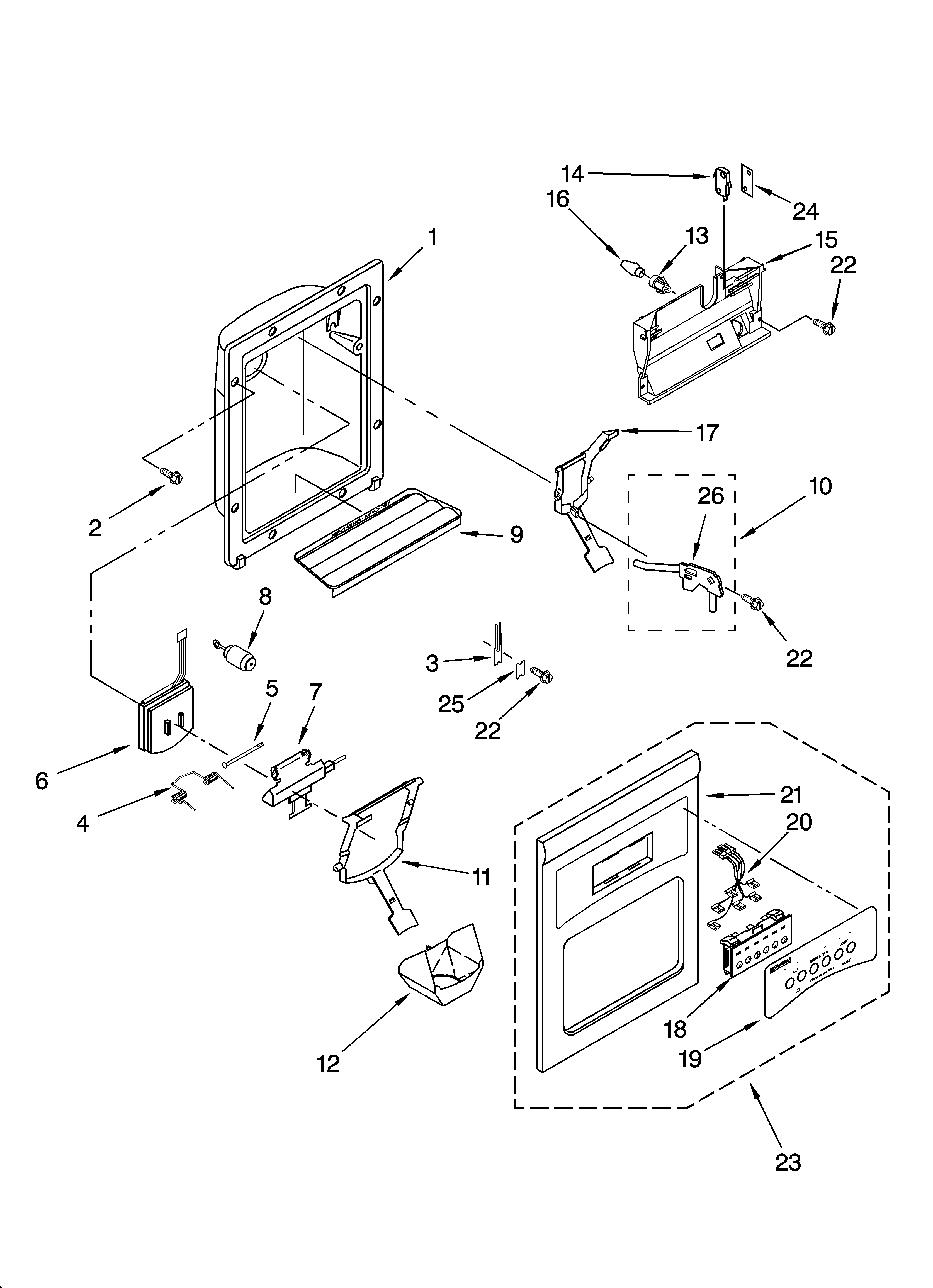 Kenmore 10656586501 dispenser front parts diagram