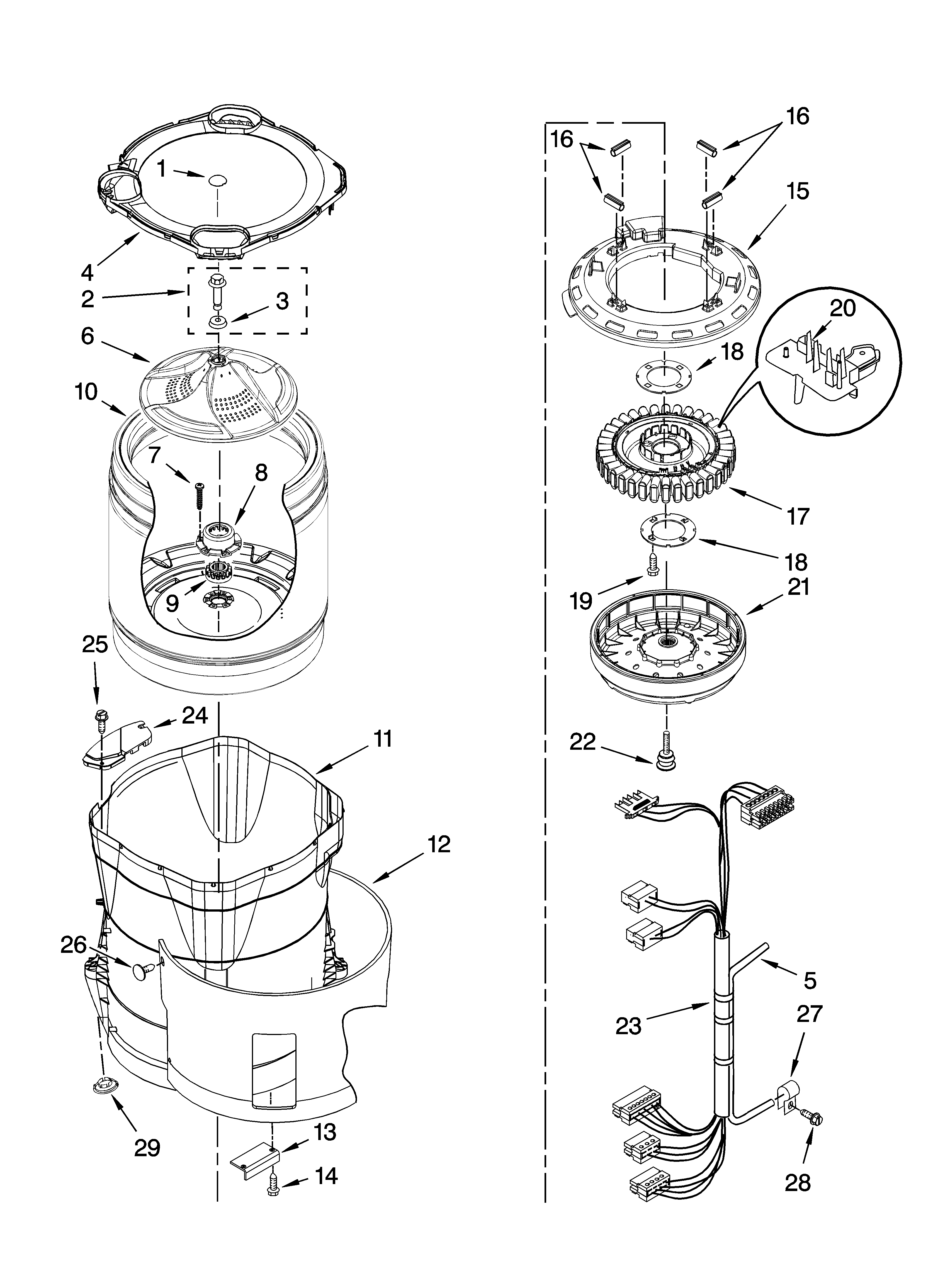 Kenmore Elite 11027087601 motor, basket and tub parts diagram