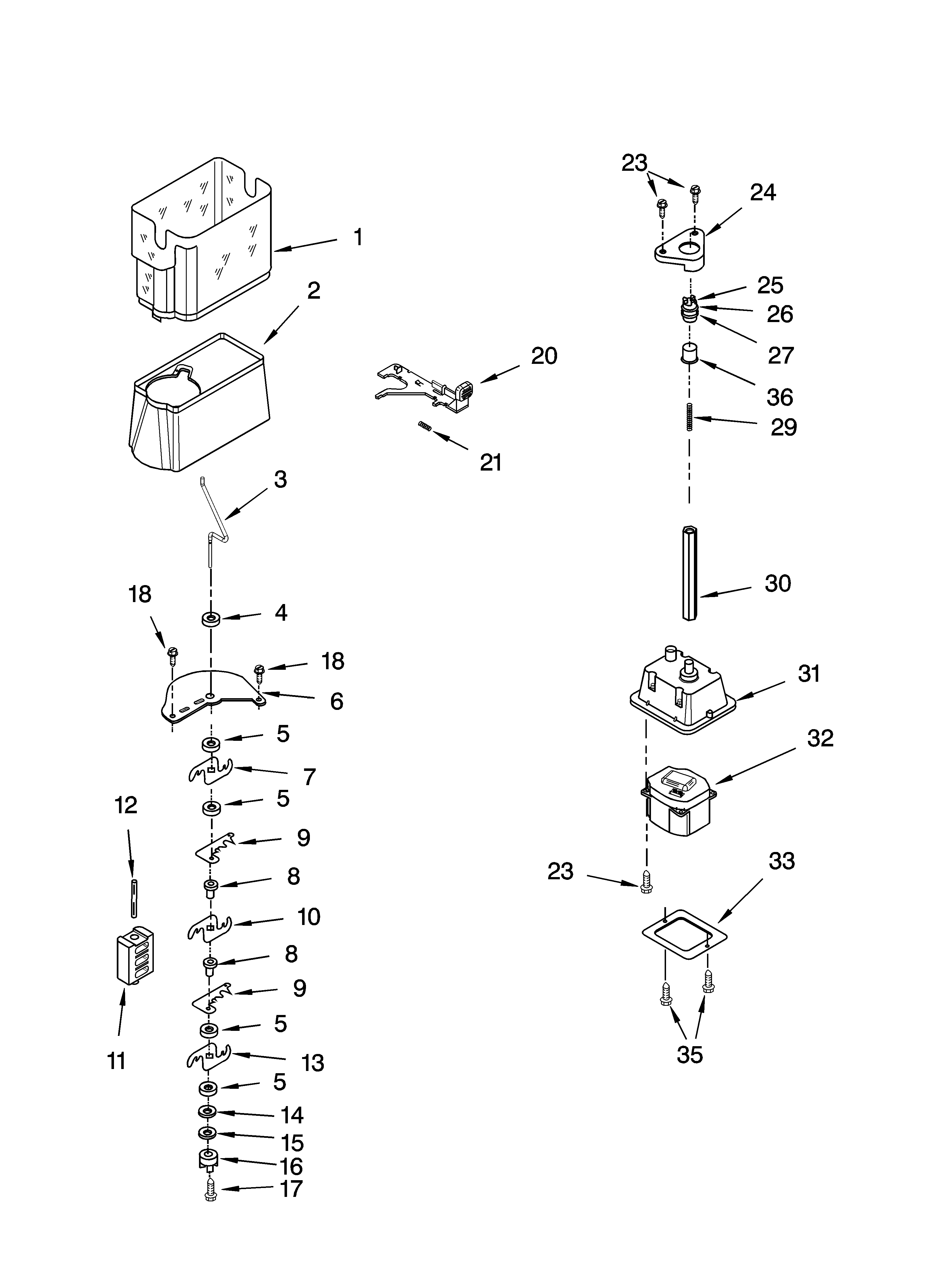Kenmore 10656176501 motor and ice container parts diagram