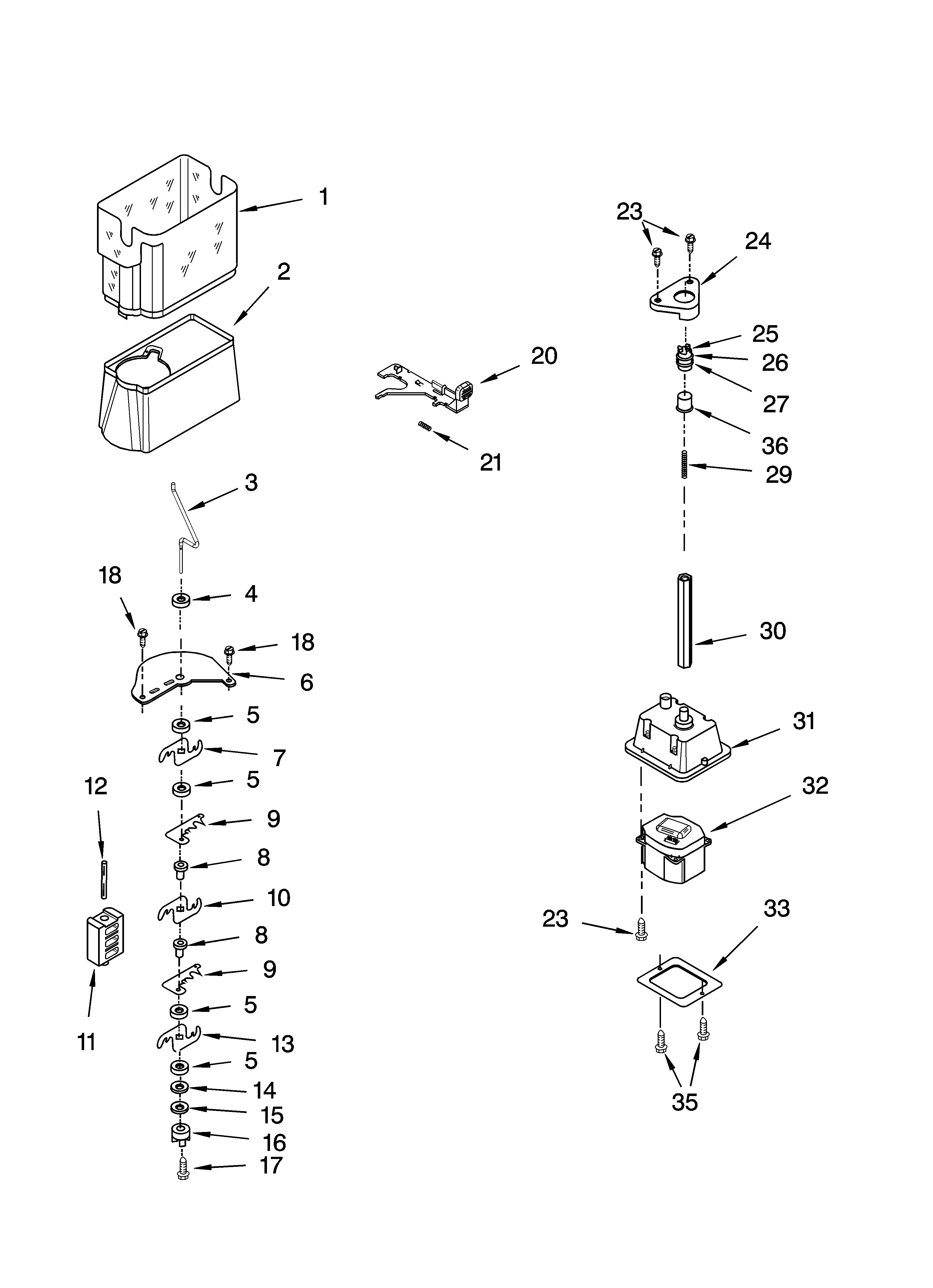 Kenmore 10656236401 motor and ice container parts diagram