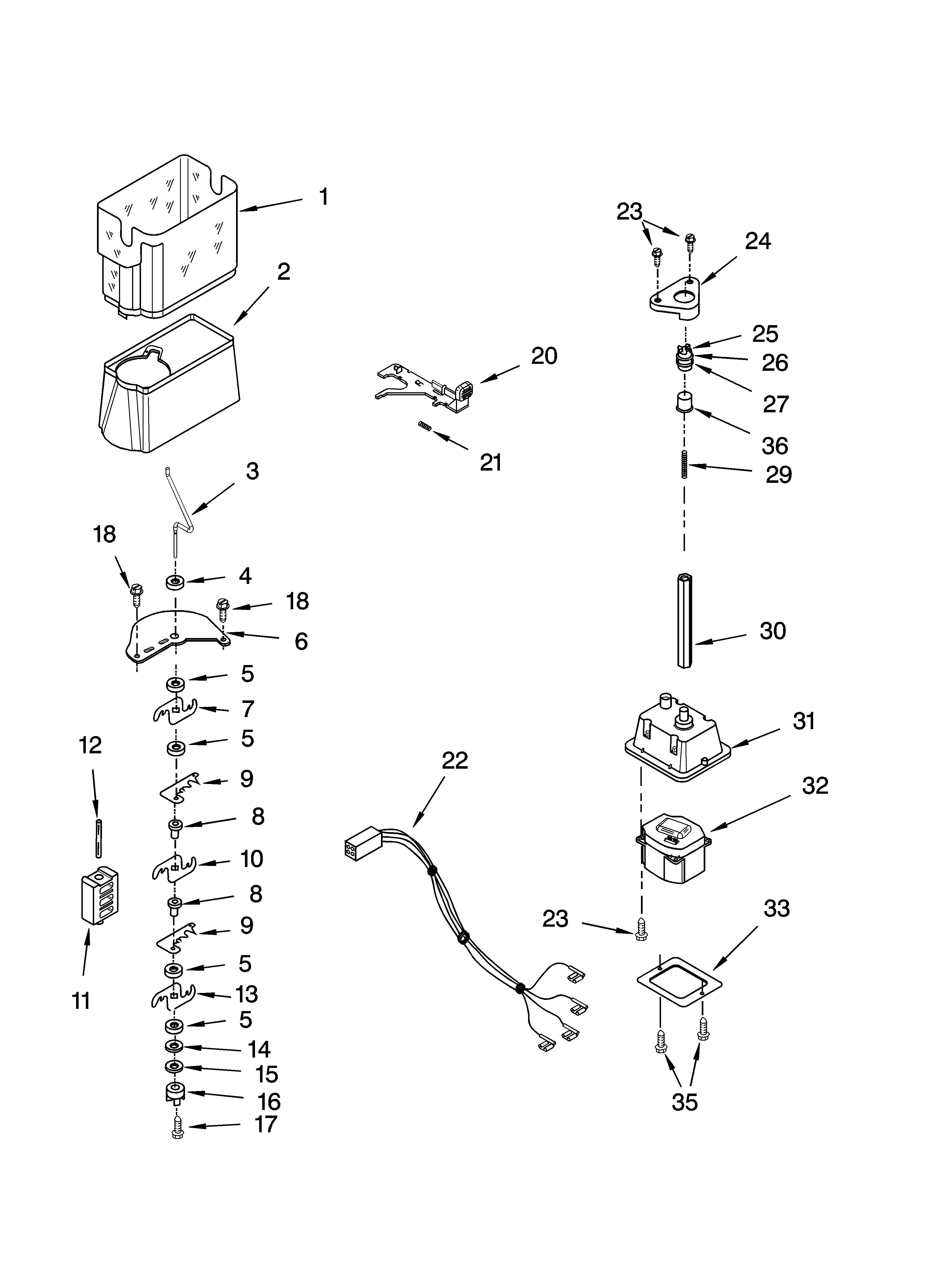 Kenmore 10656839600 motor and ice container parts diagram