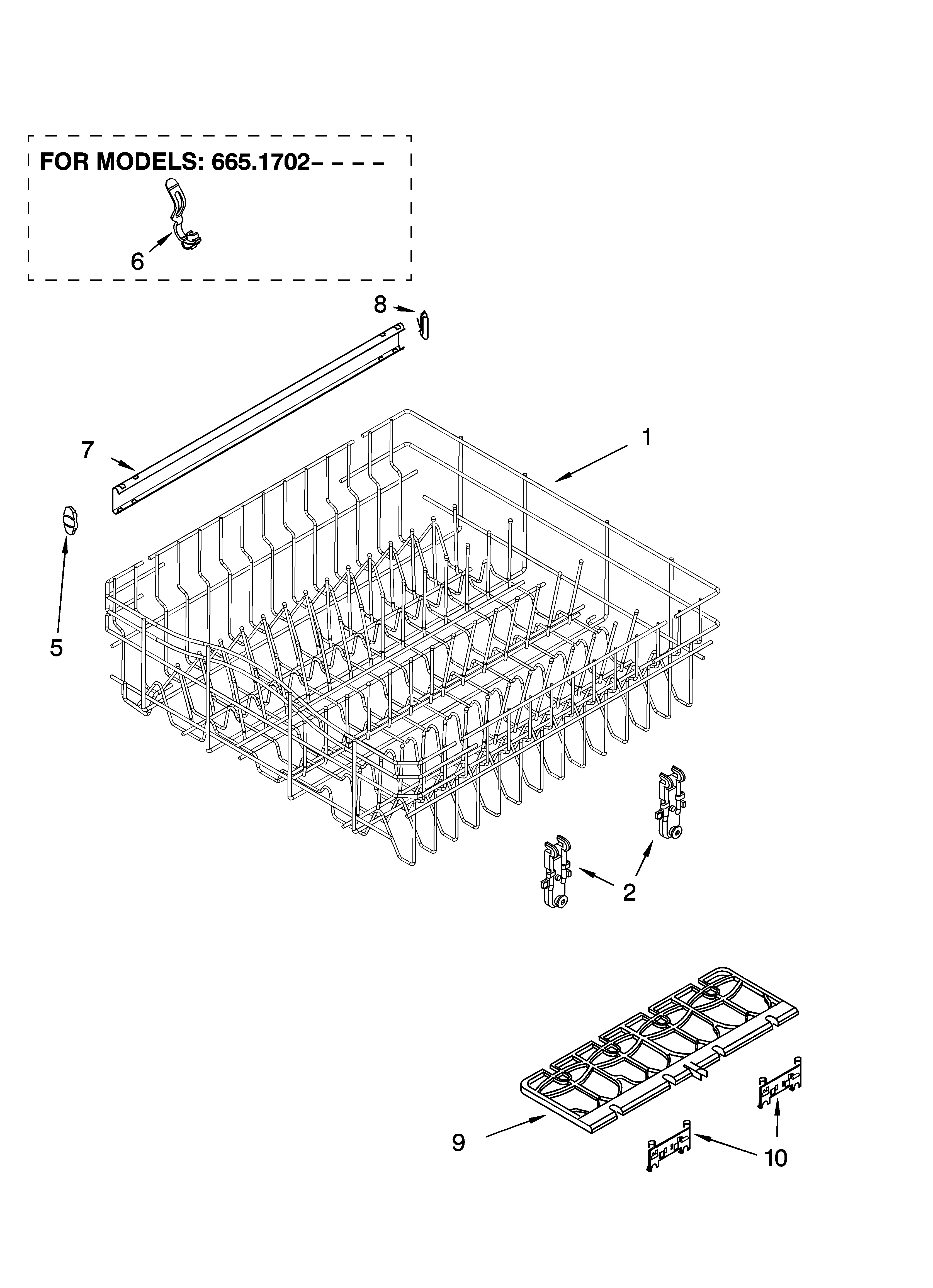 Kenmore 66516022403 upper rack and track parts diagram
