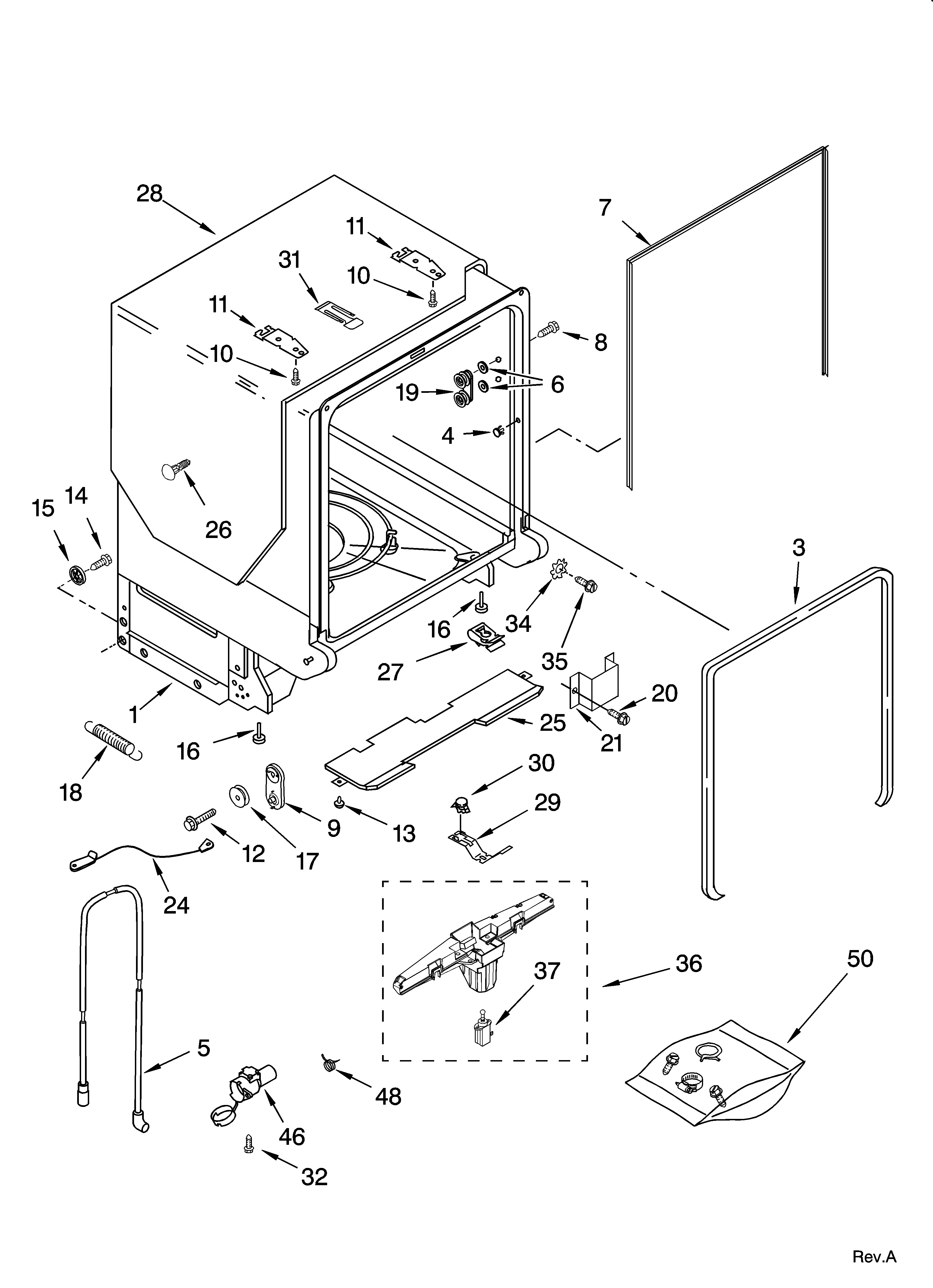 Kenmore Elite 66516264401 tub and frame parts diagram