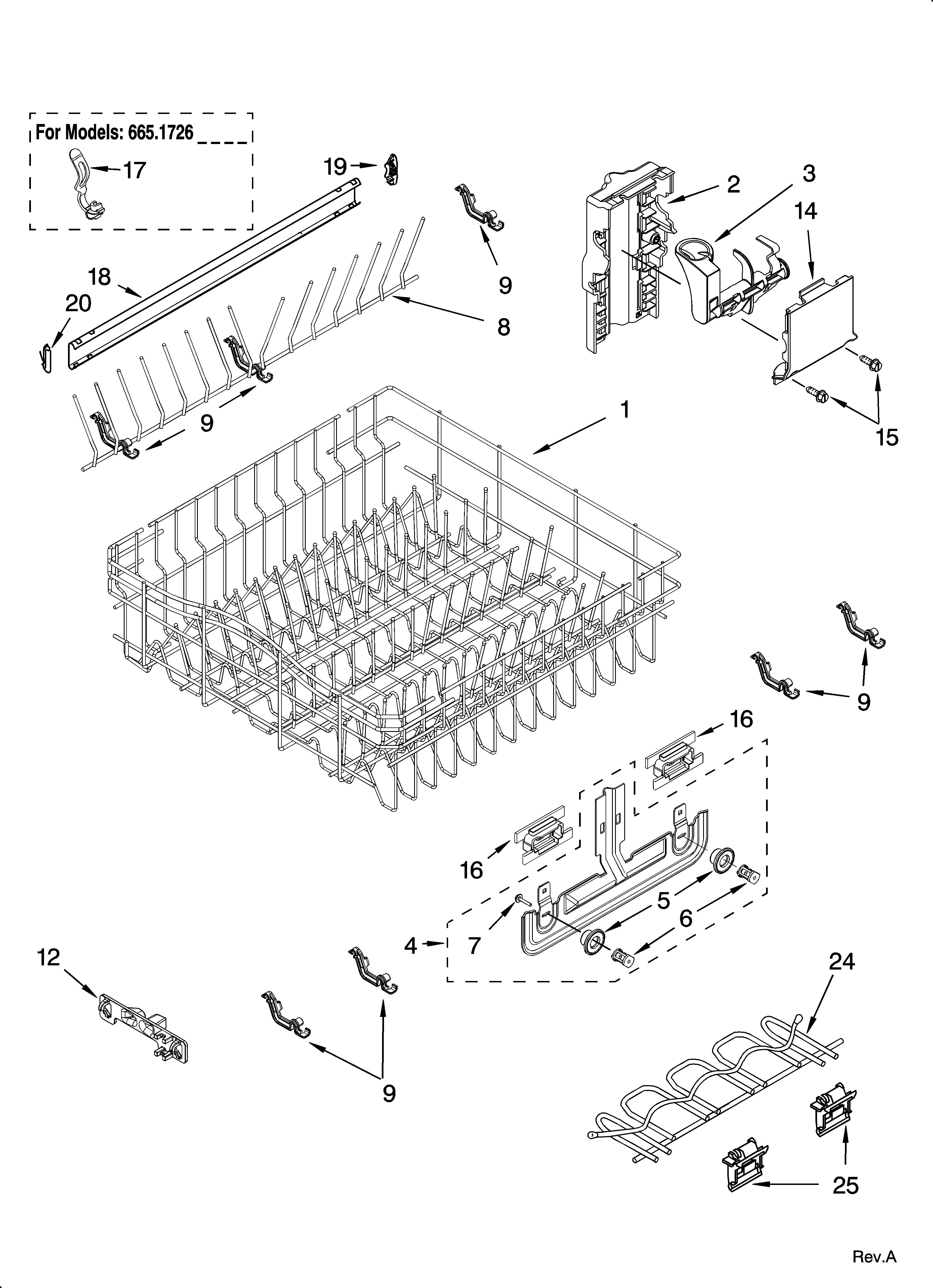 Kenmore Elite 66516264401 upper rack and track parts diagram