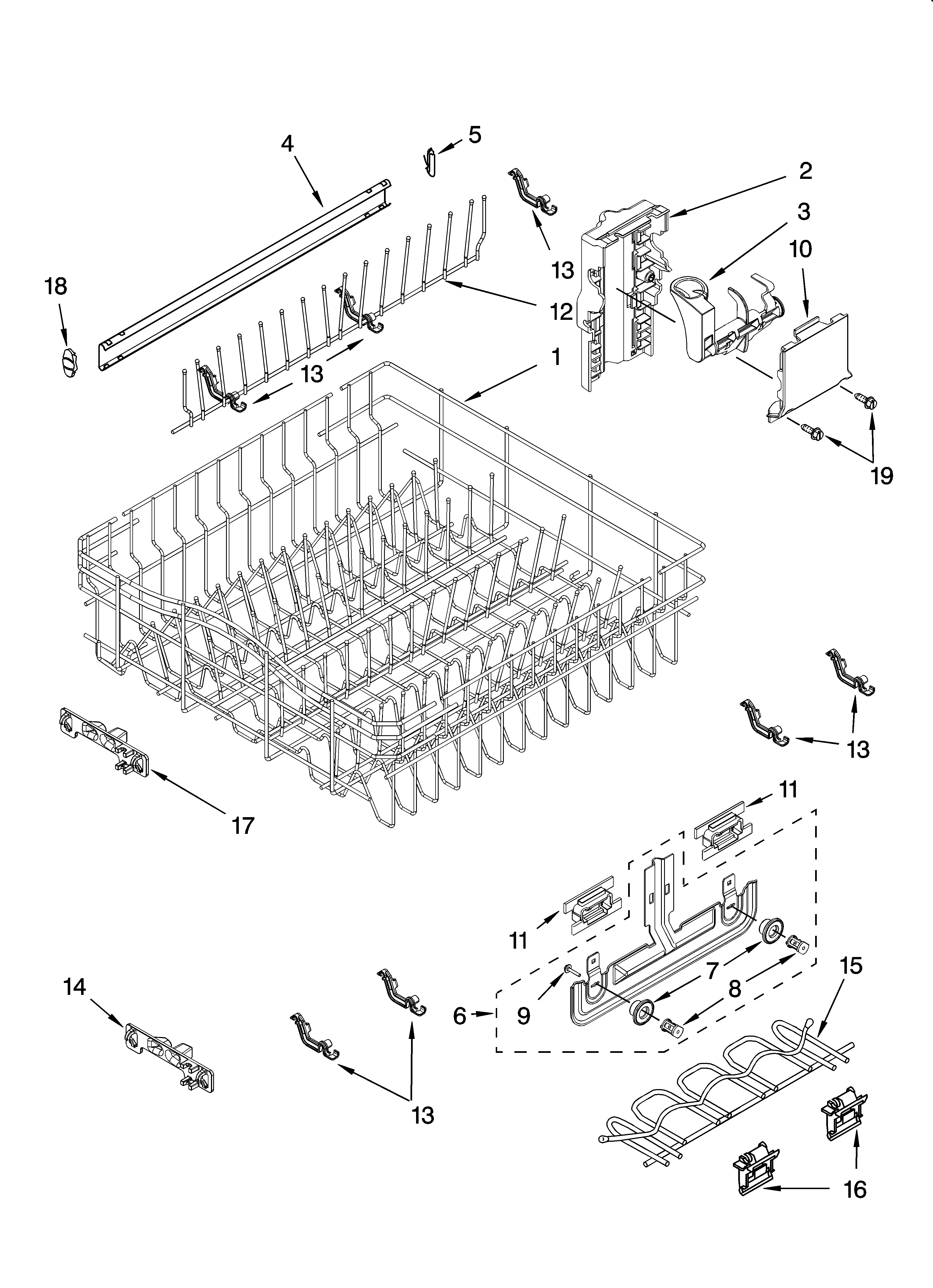Kenmore Elite 66576962K600 upper rack and track parts diagram