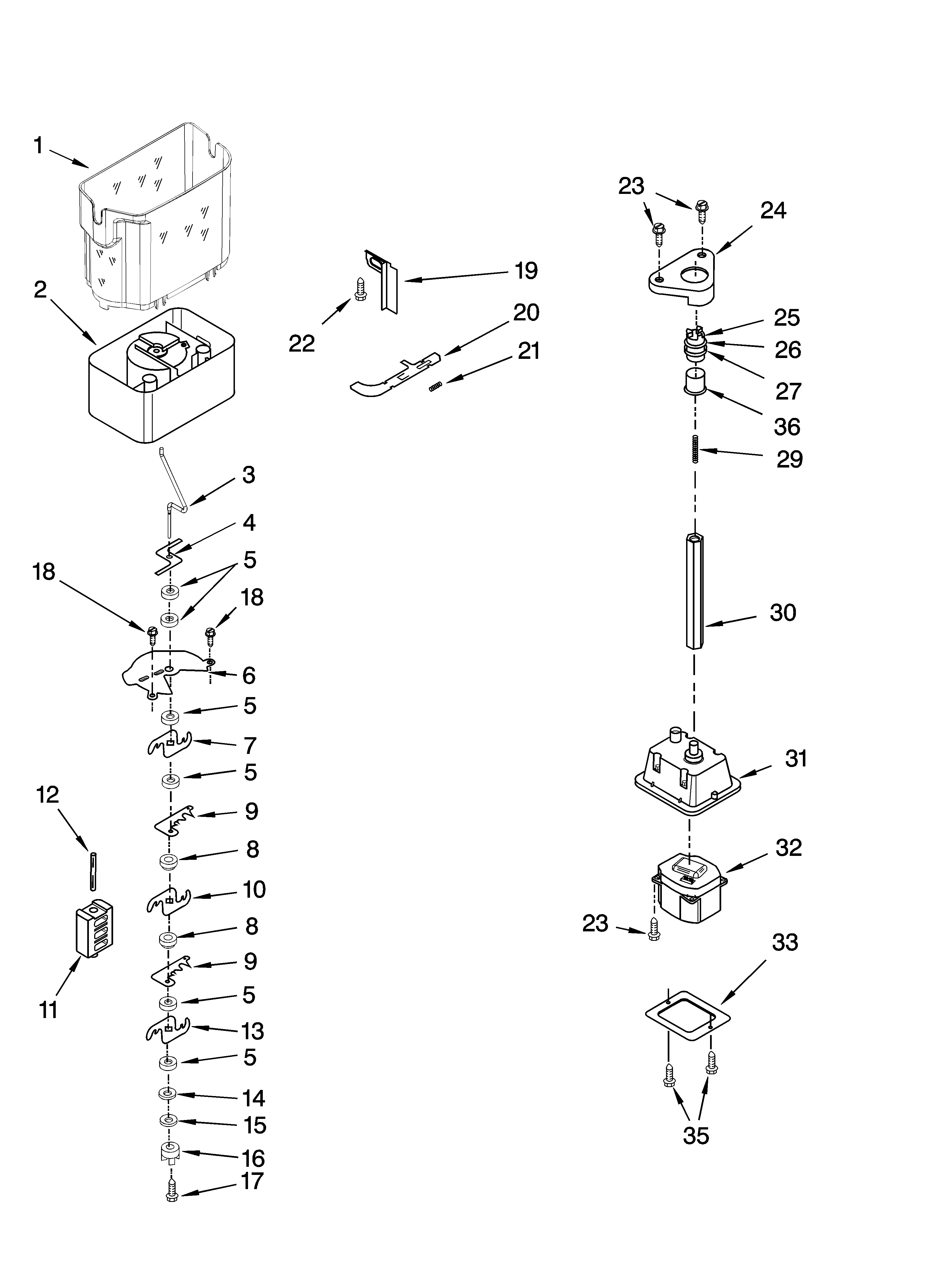 Kenmore 10657066600 motor and ice container parts diagram