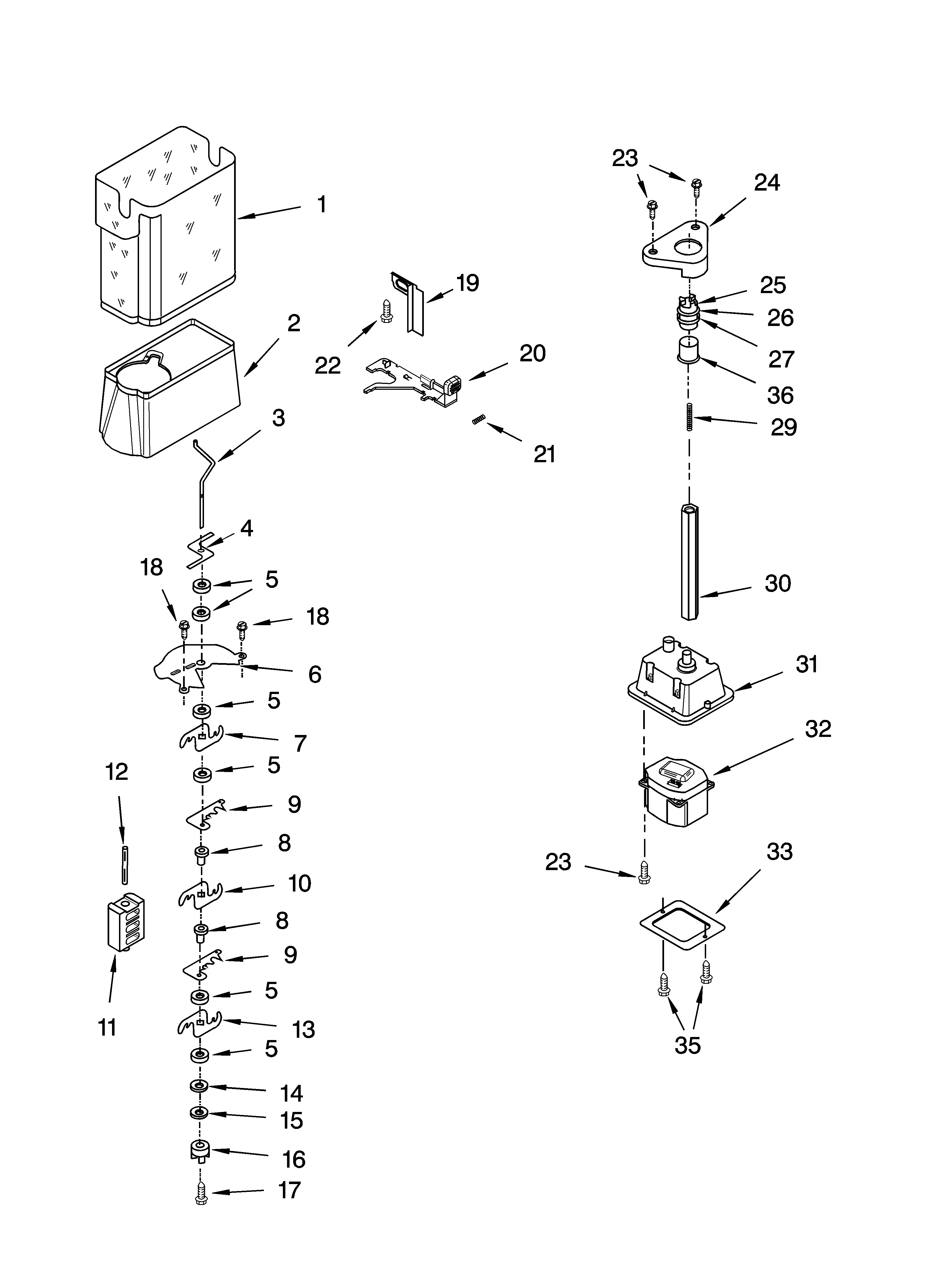 Kenmore 10657032600 motor and ice container parts diagram