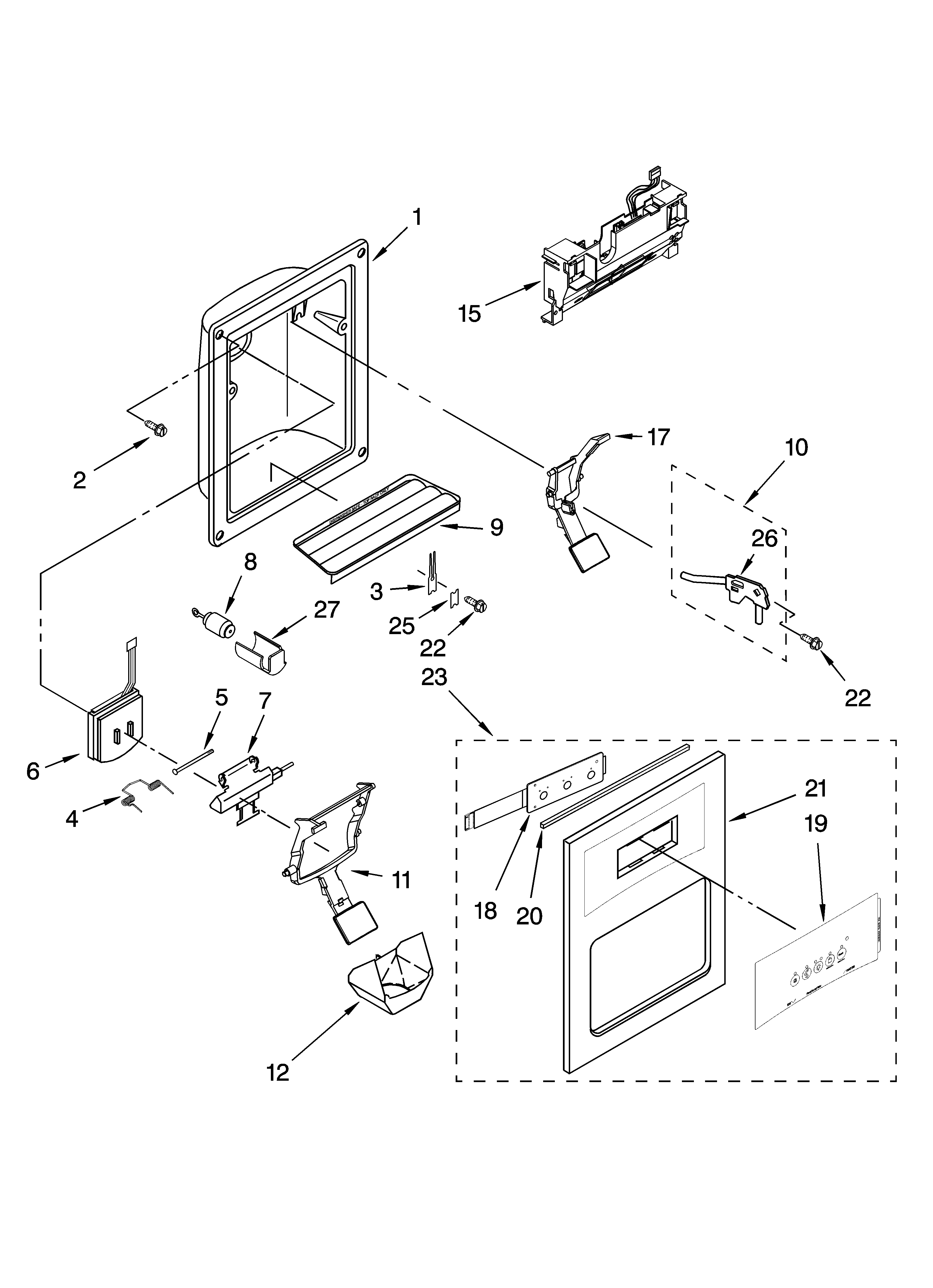 Kenmore 10657032600 dispenser front parts diagram