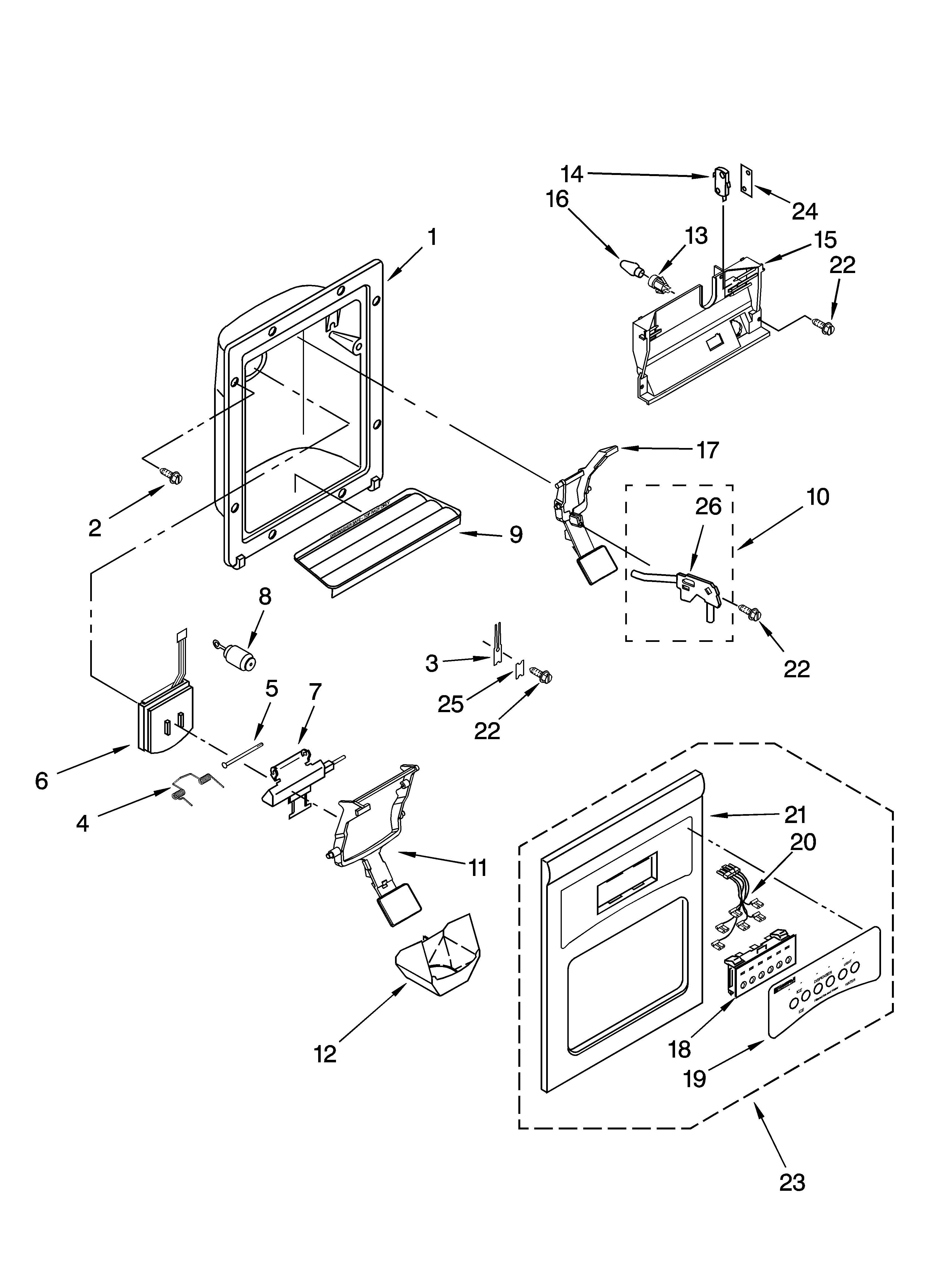 Kenmore 10657402600 dispenser front parts diagram