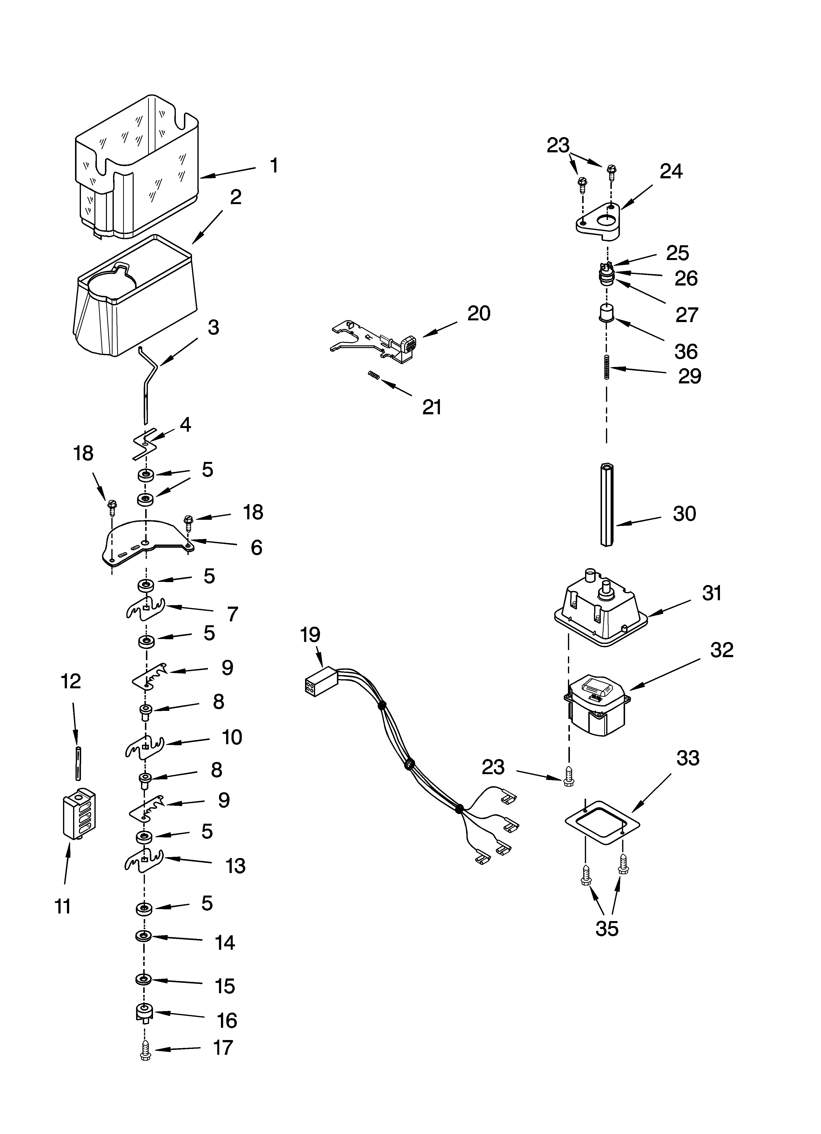Kenmore 10656382500 motor and ice container parts diagram