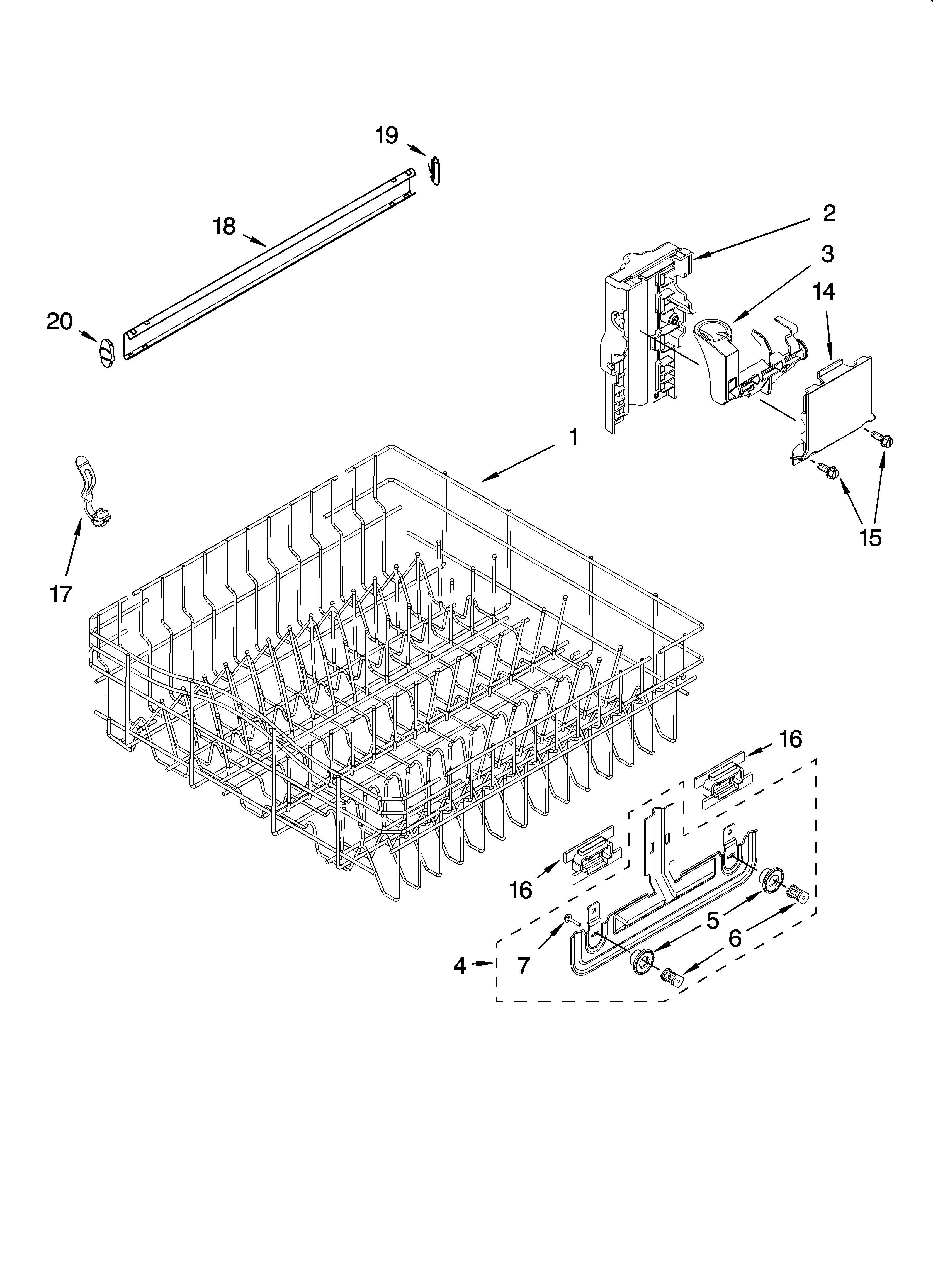 Kenmore Elite 66513752K601 upper rack and track parts diagram