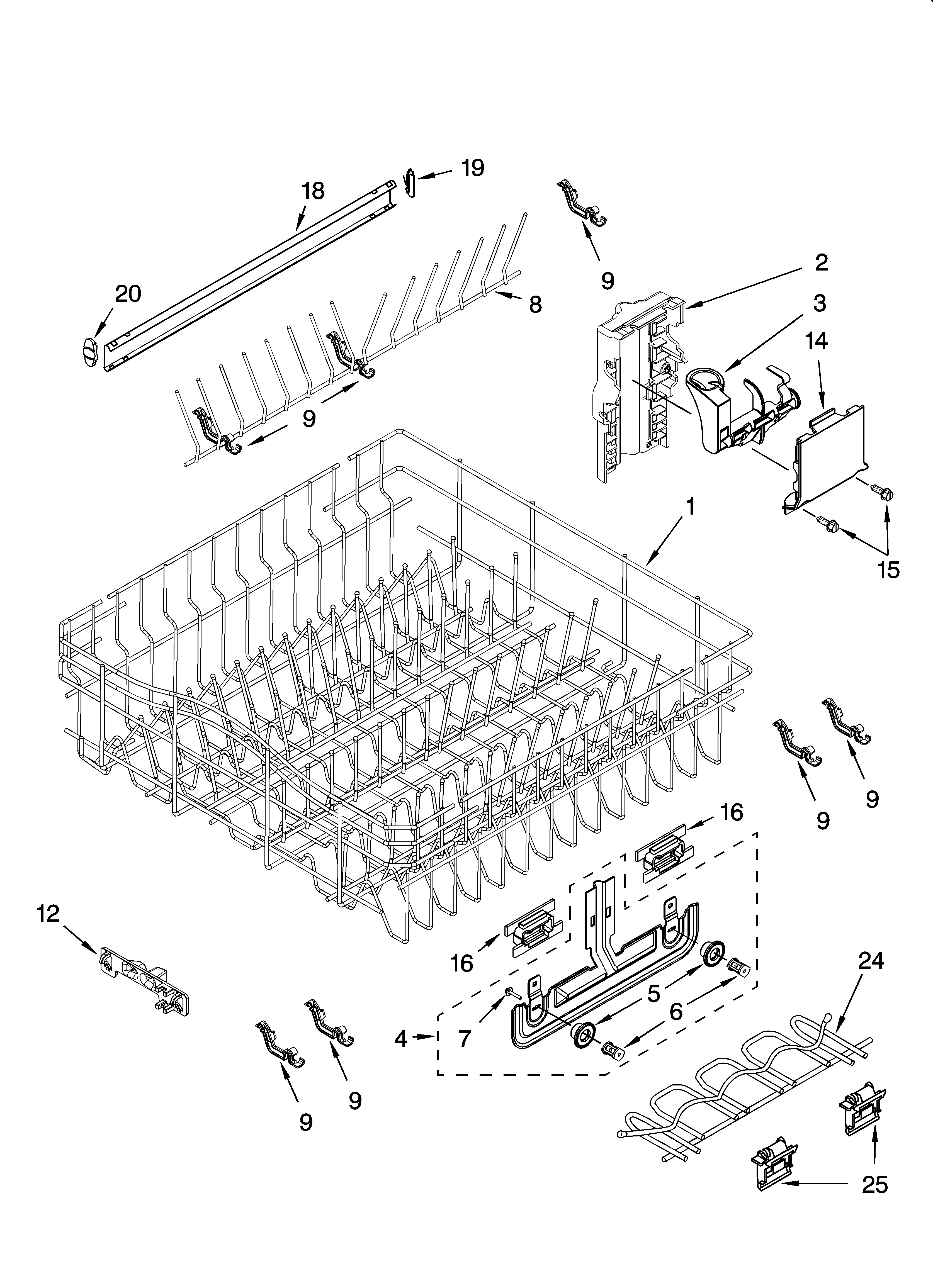 Kenmore Elite 66513773K601 upper rack and track parts diagram