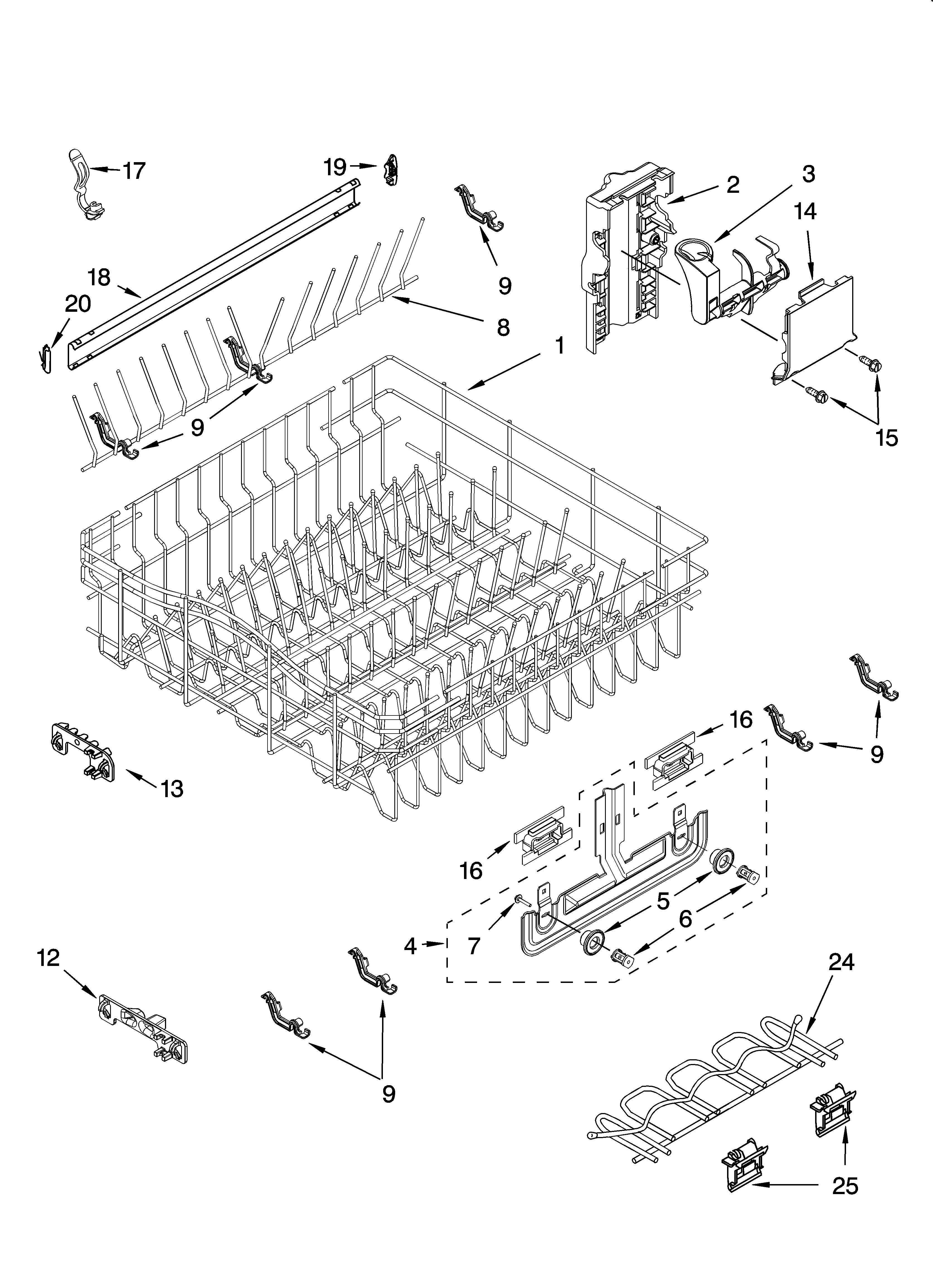 Kenmore Elite 66513783K601 upper rack and track parts diagram