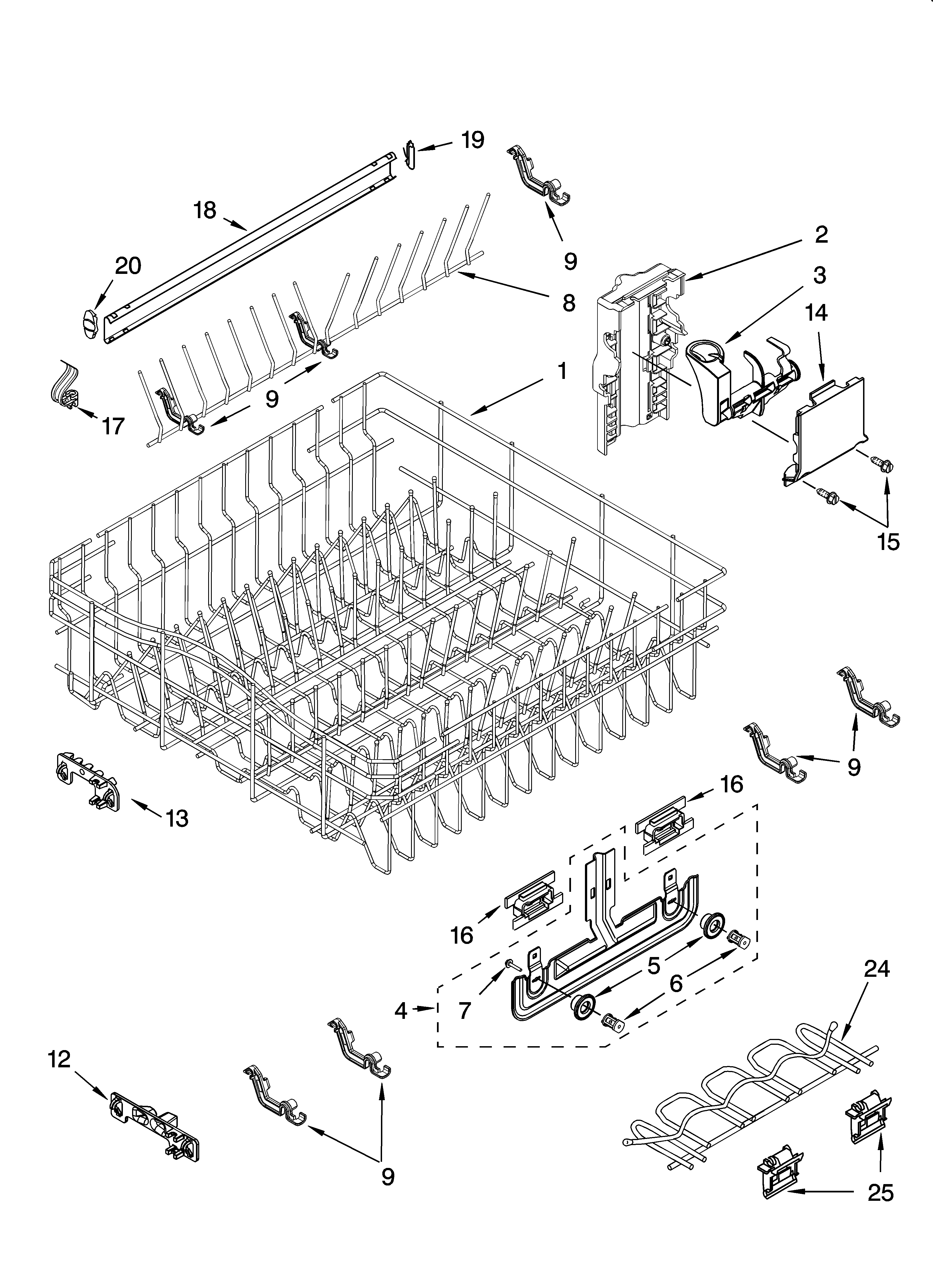 Kenmore Elite 66513792K601 upper rack and track parts diagram