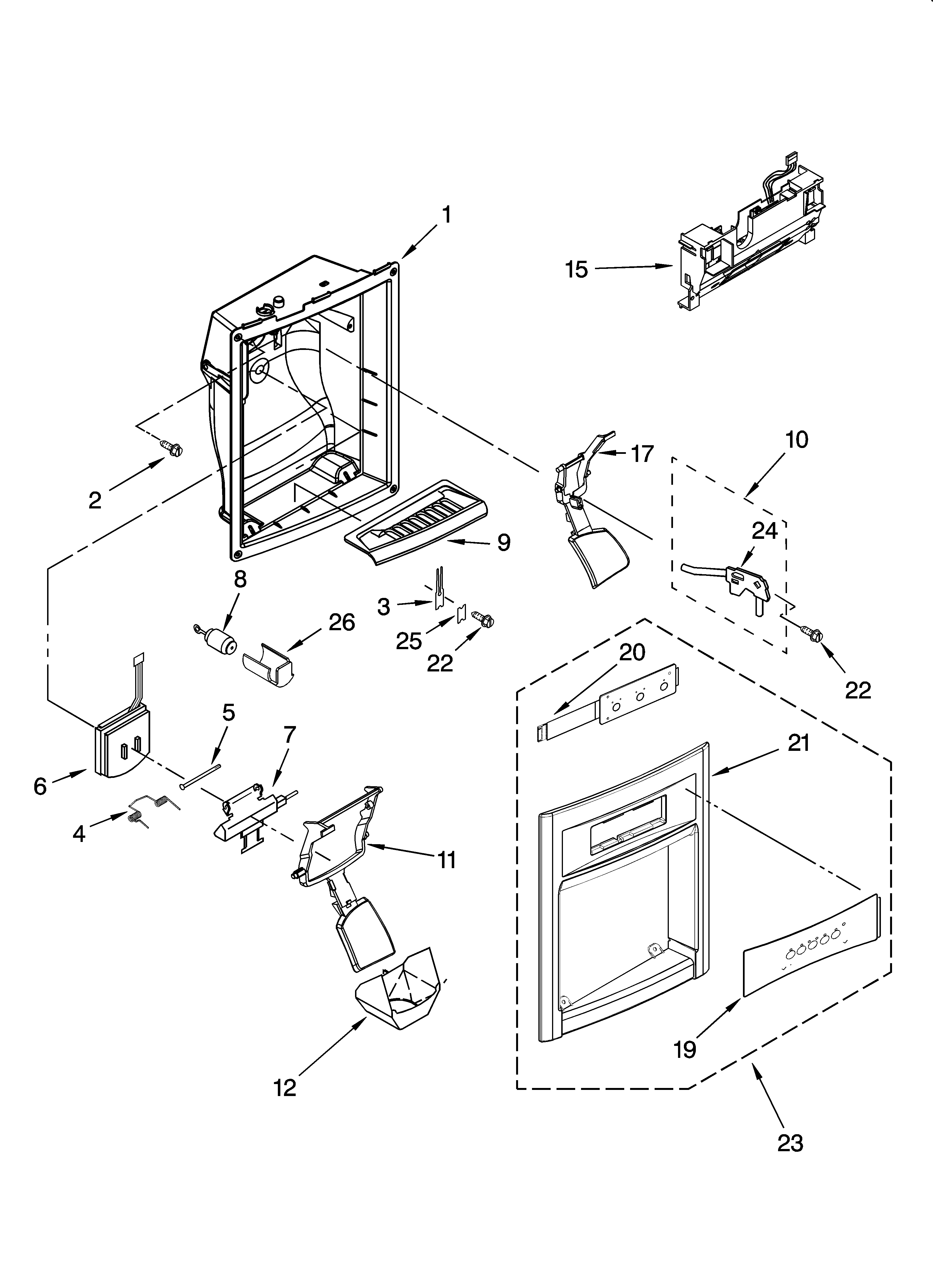 Kenmore Elite 10656683502 dispenser front parts diagram