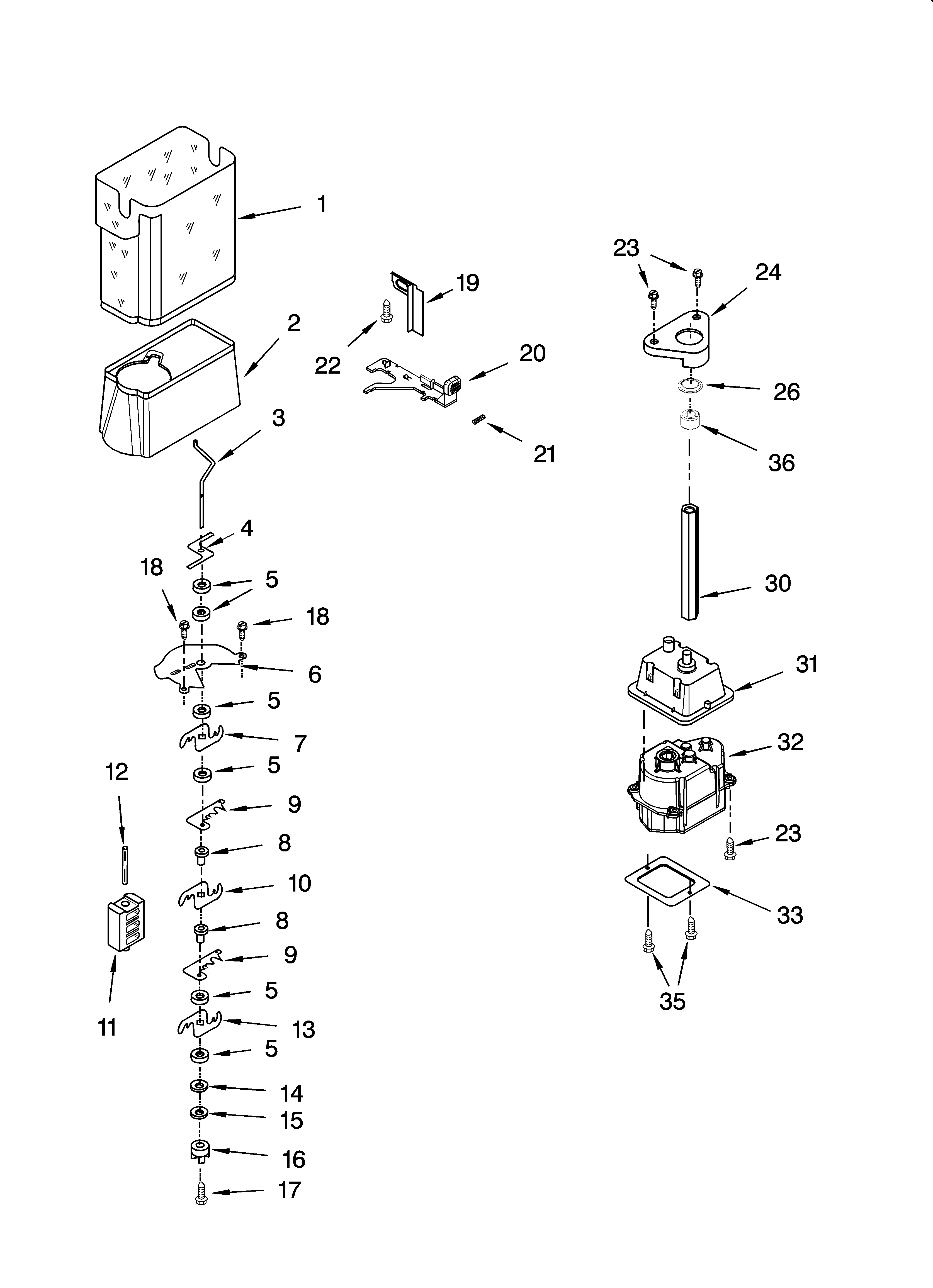 Kenmore 10657039601 motor and ice container parts diagram