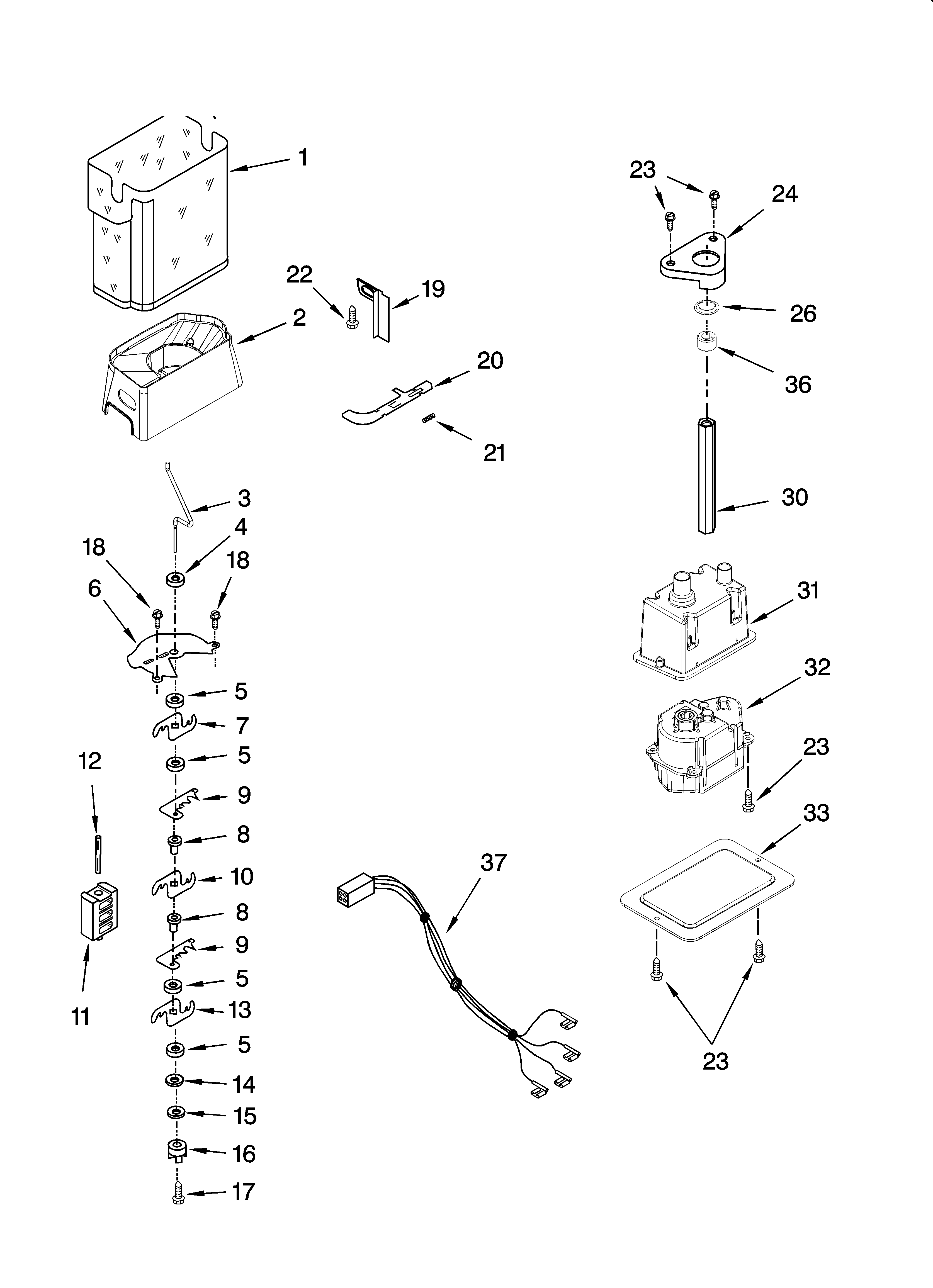 Kenmore 10657963700 motor and ice container parts diagram