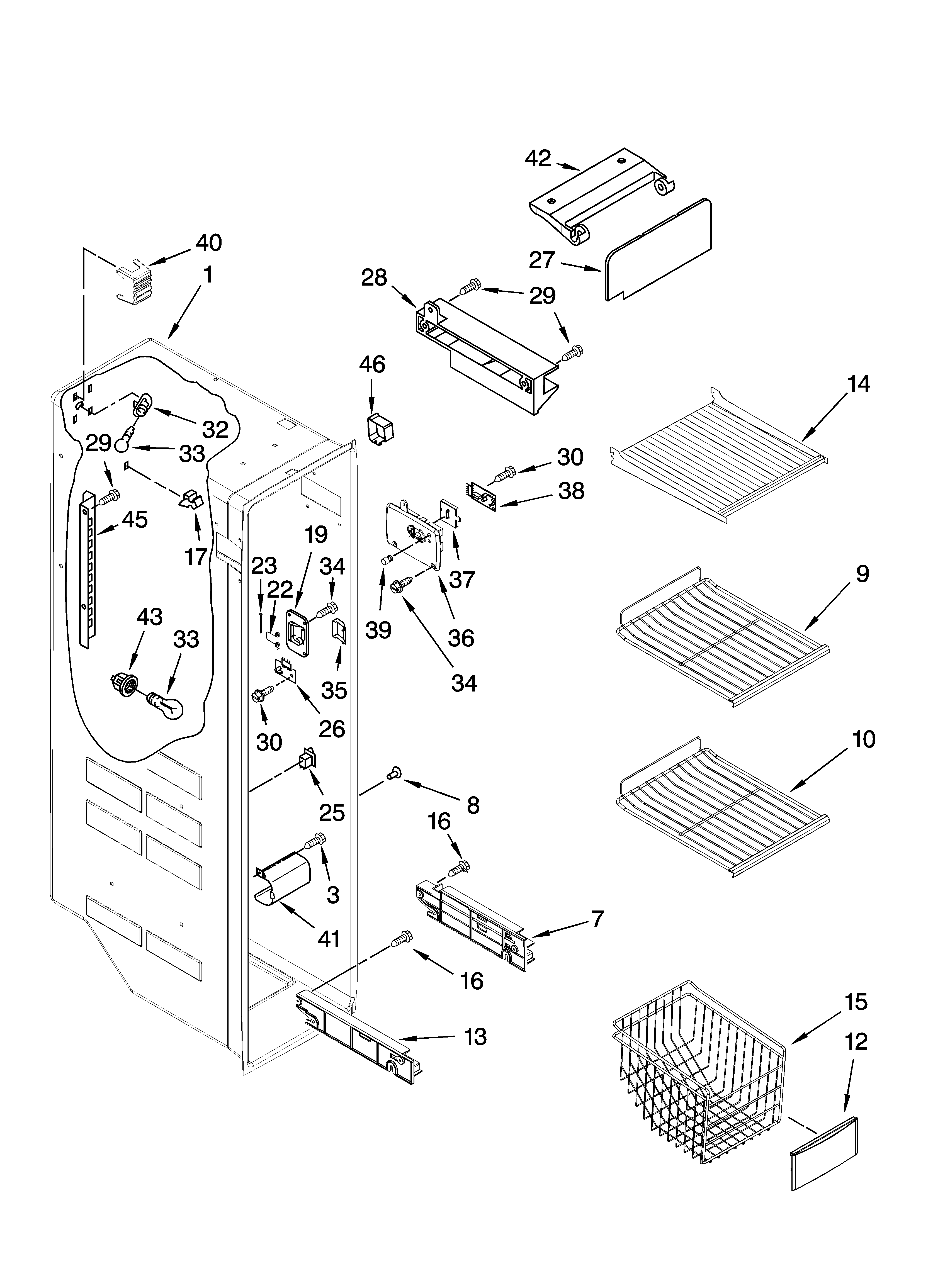 Kenmore 10657063601 freezer liner parts diagram