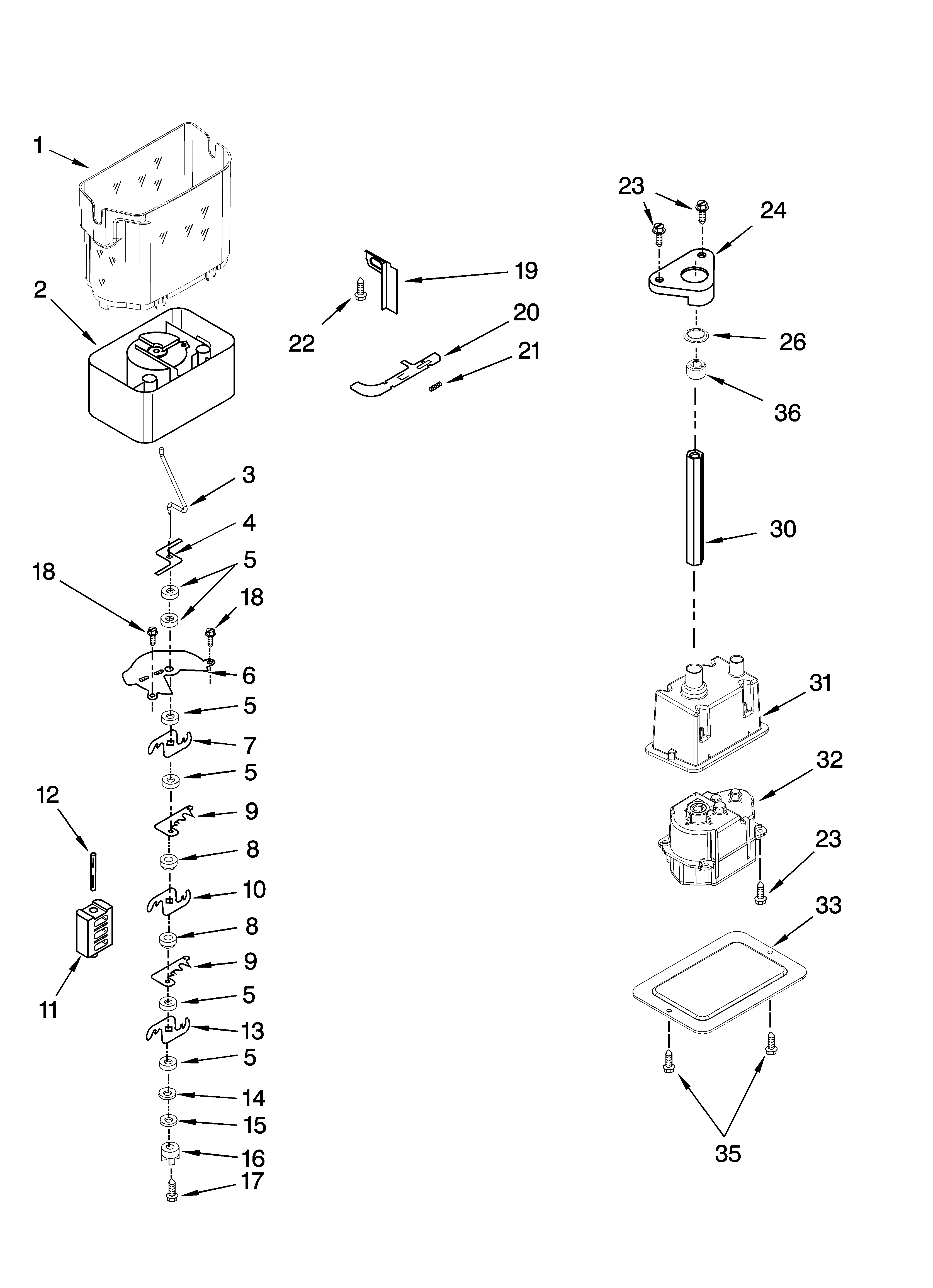 Kenmore 10657063601 motor and ice container parts diagram