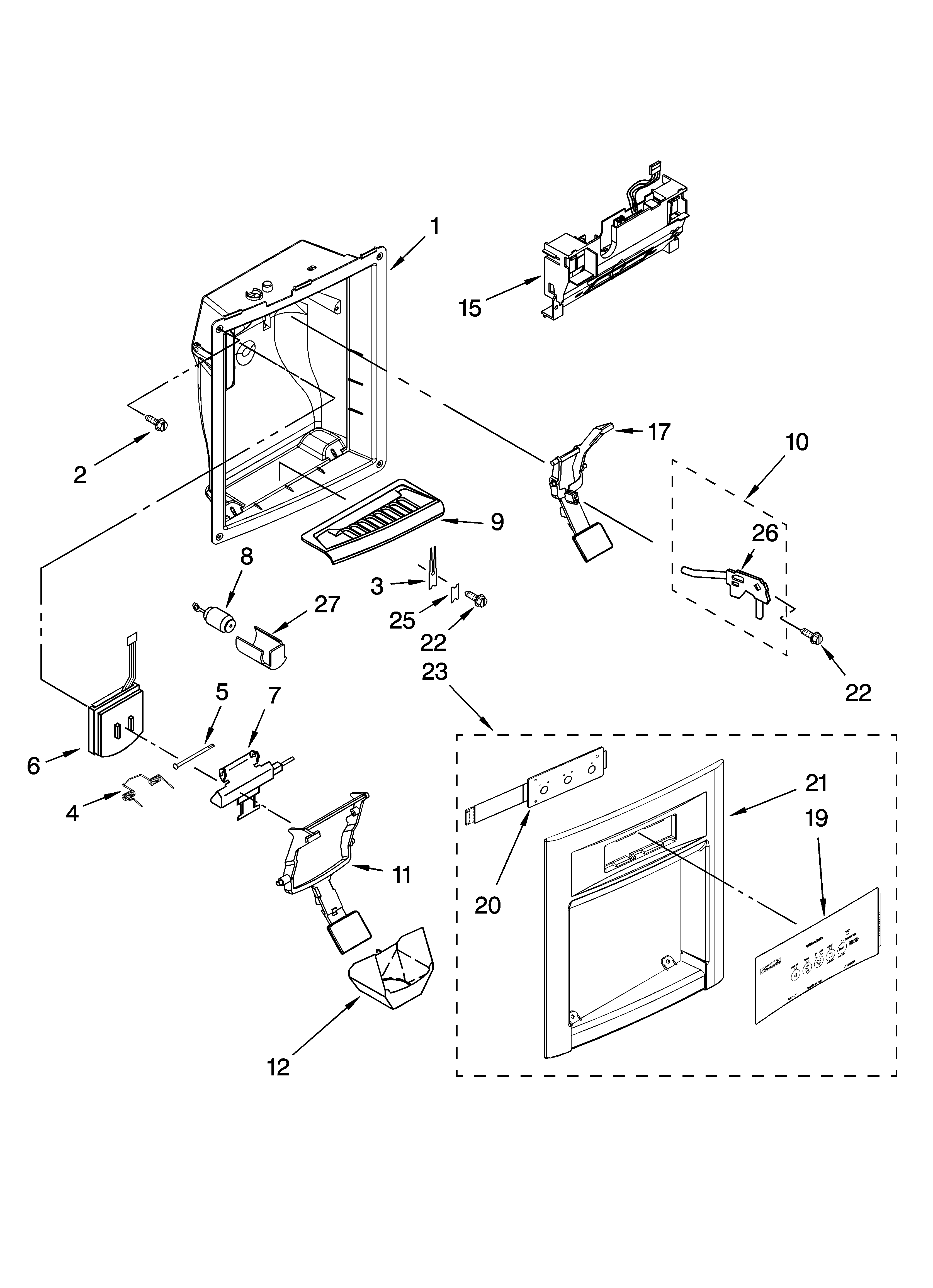 Kenmore 10657063601 dispenser front parts diagram