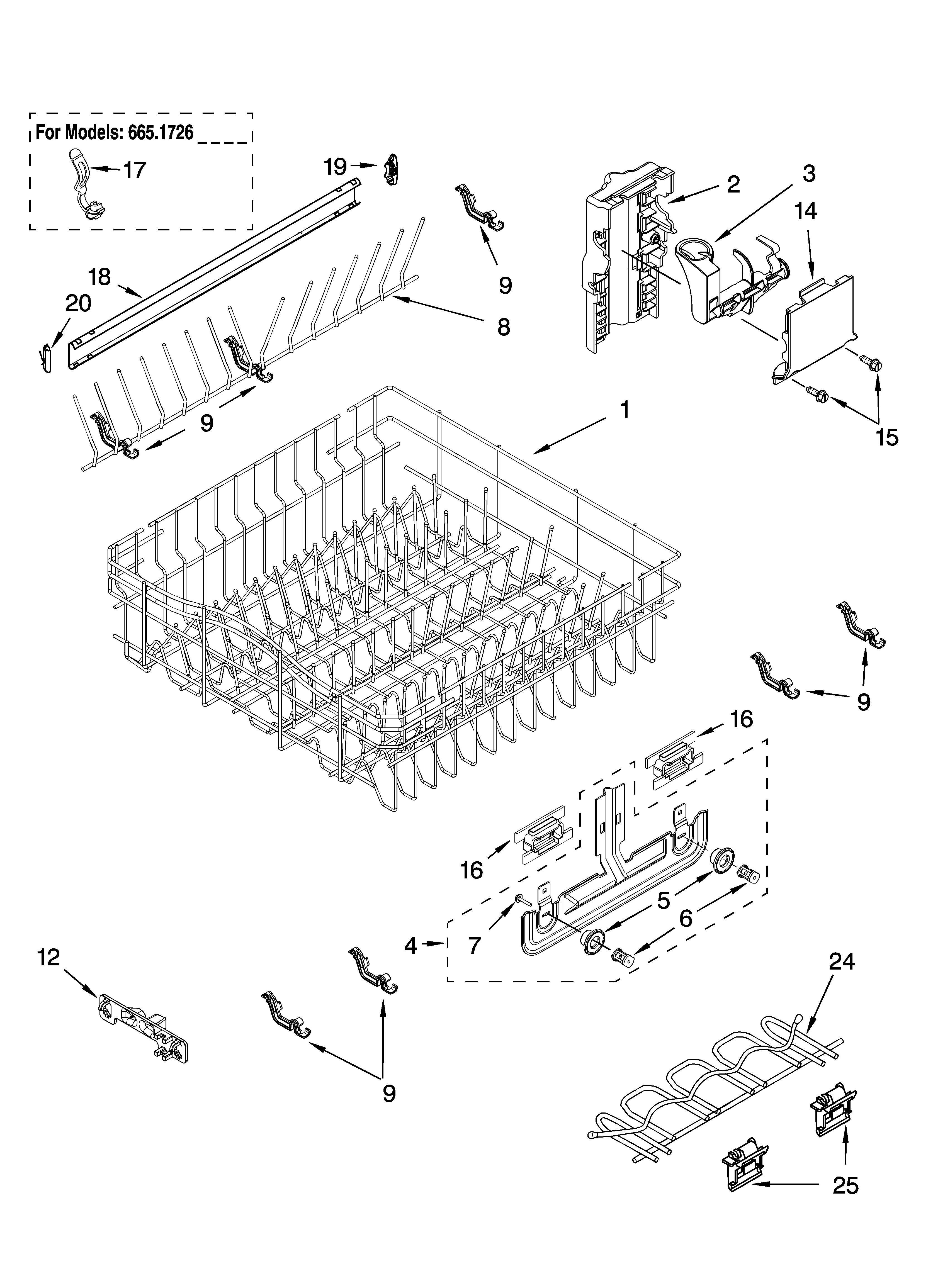 Kenmore Elite 66516263402 upper rack and track parts diagram