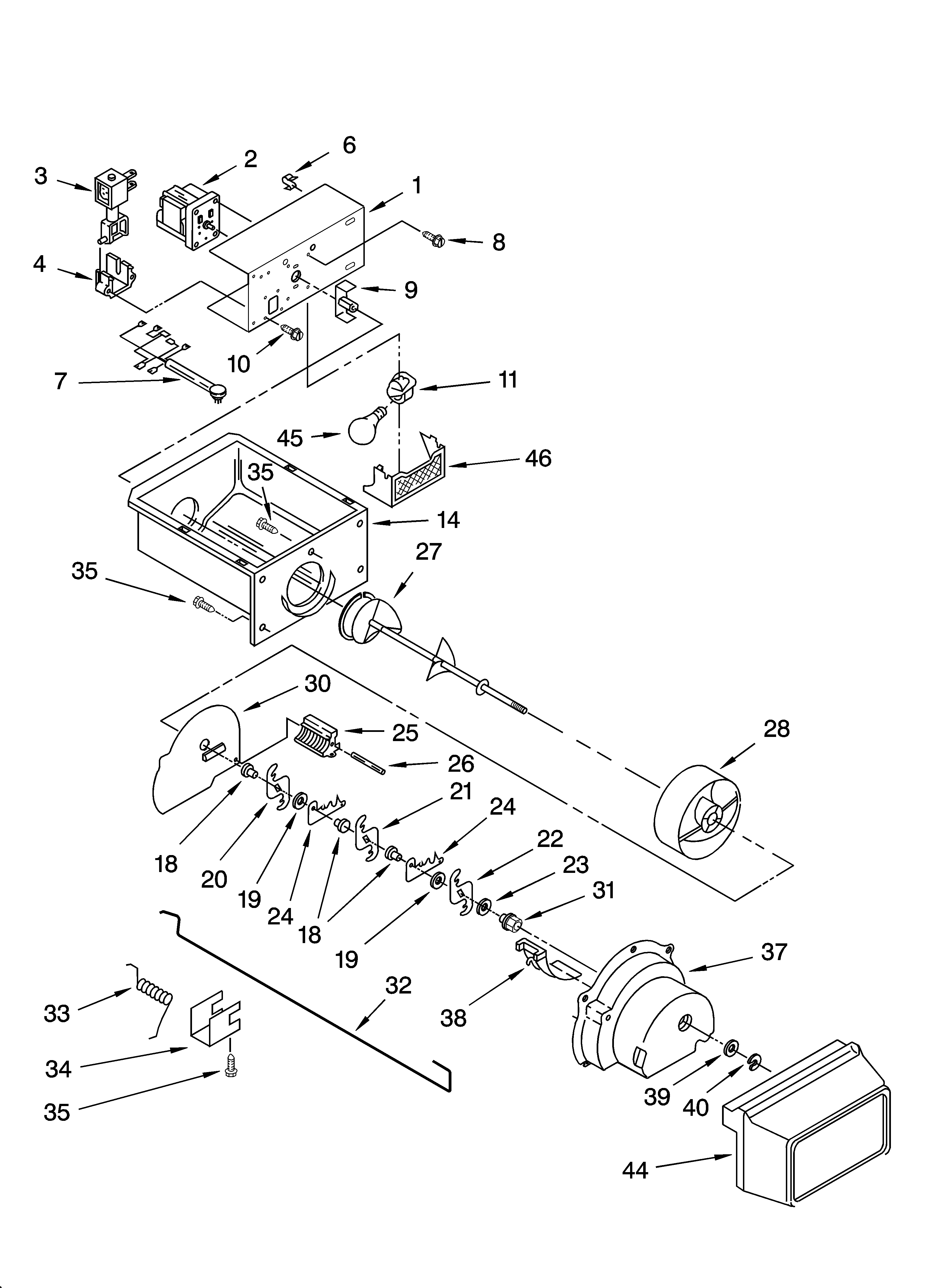 Kenmore 10656726601 motor and ice container parts diagram