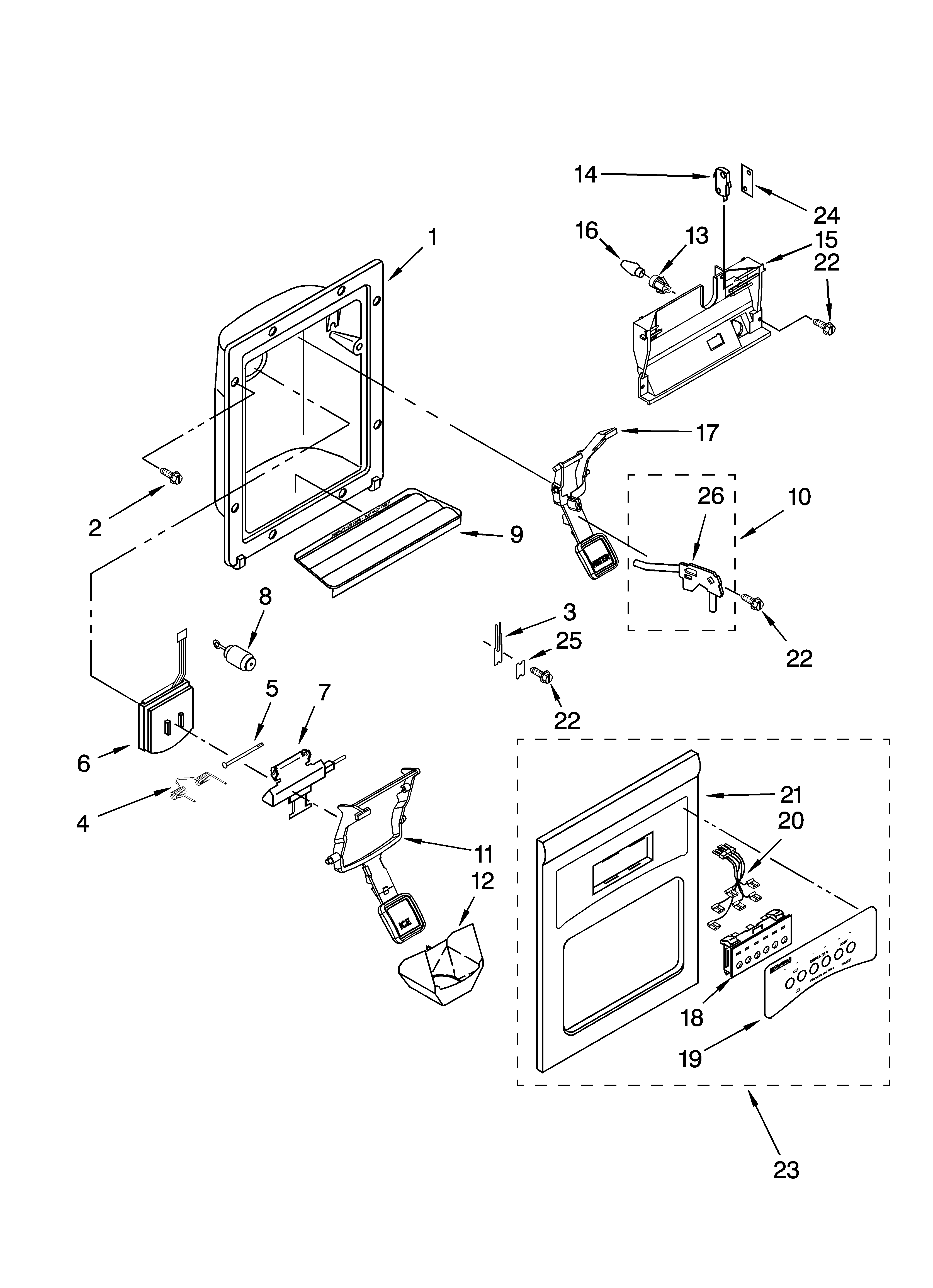 Kenmore 10656726601 dispenser front parts diagram