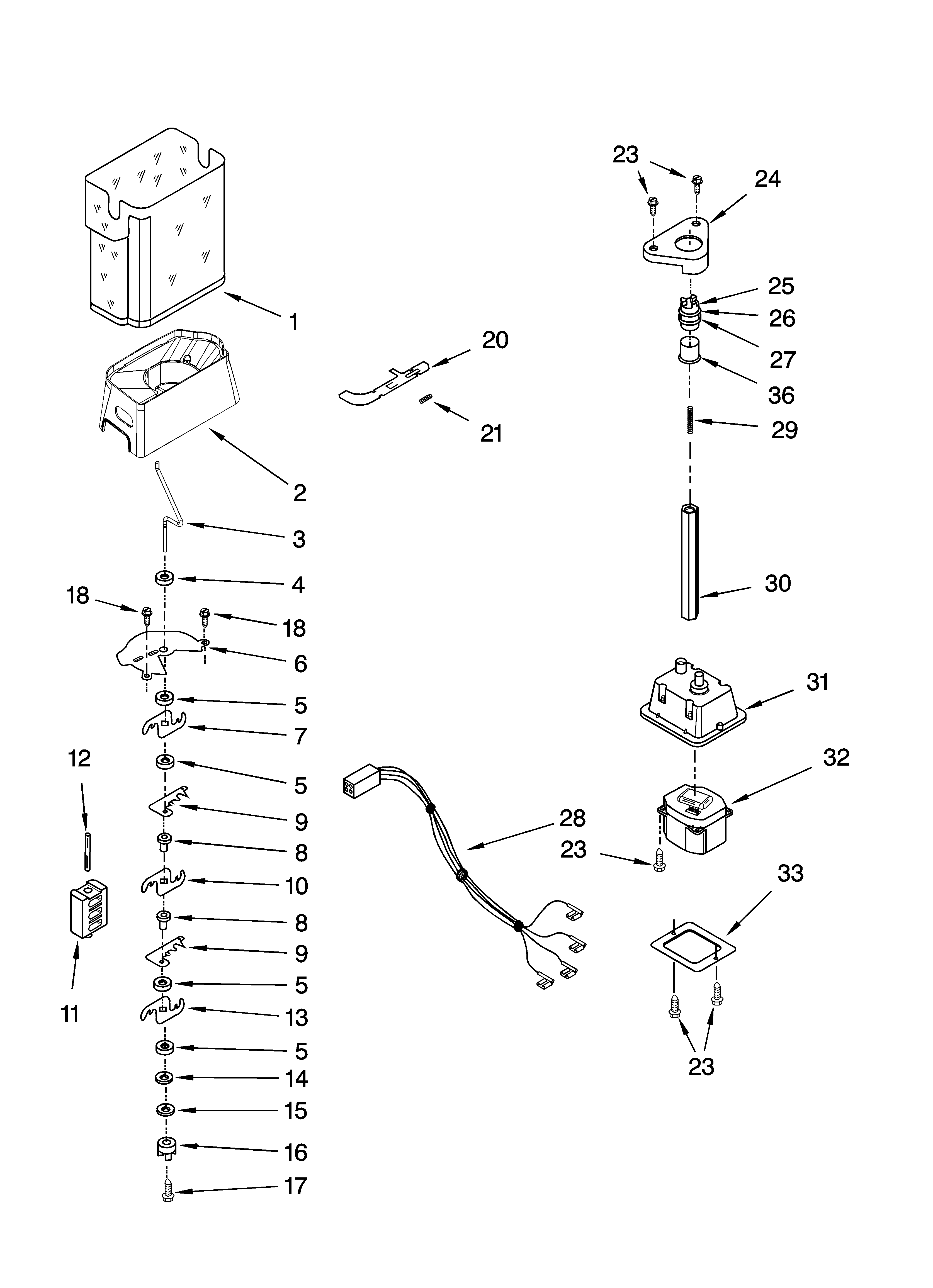 Kenmore Elite 10658179701 motor and ice container parts diagram