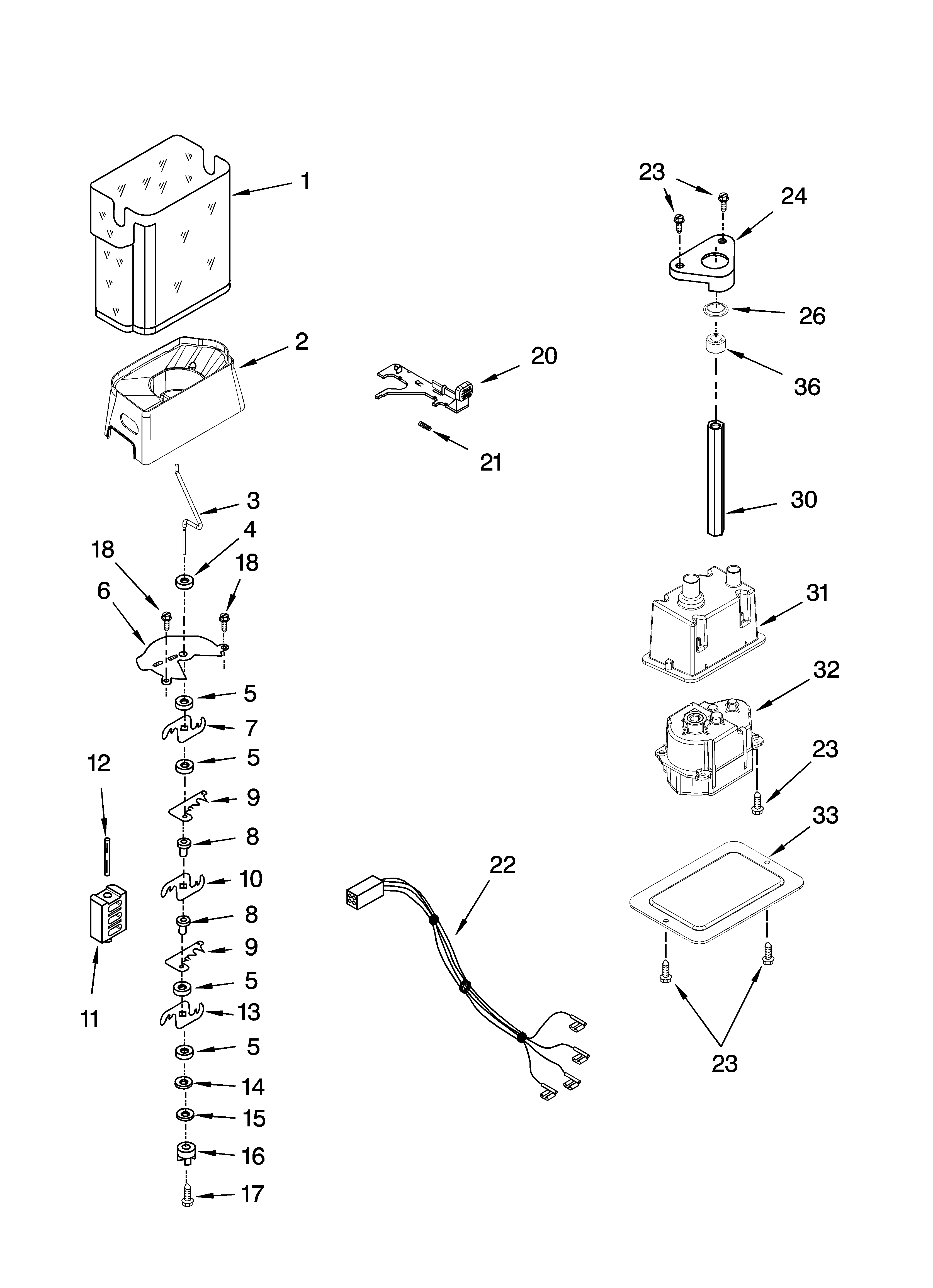 Kenmore 10656879600 motor and ice container parts diagram