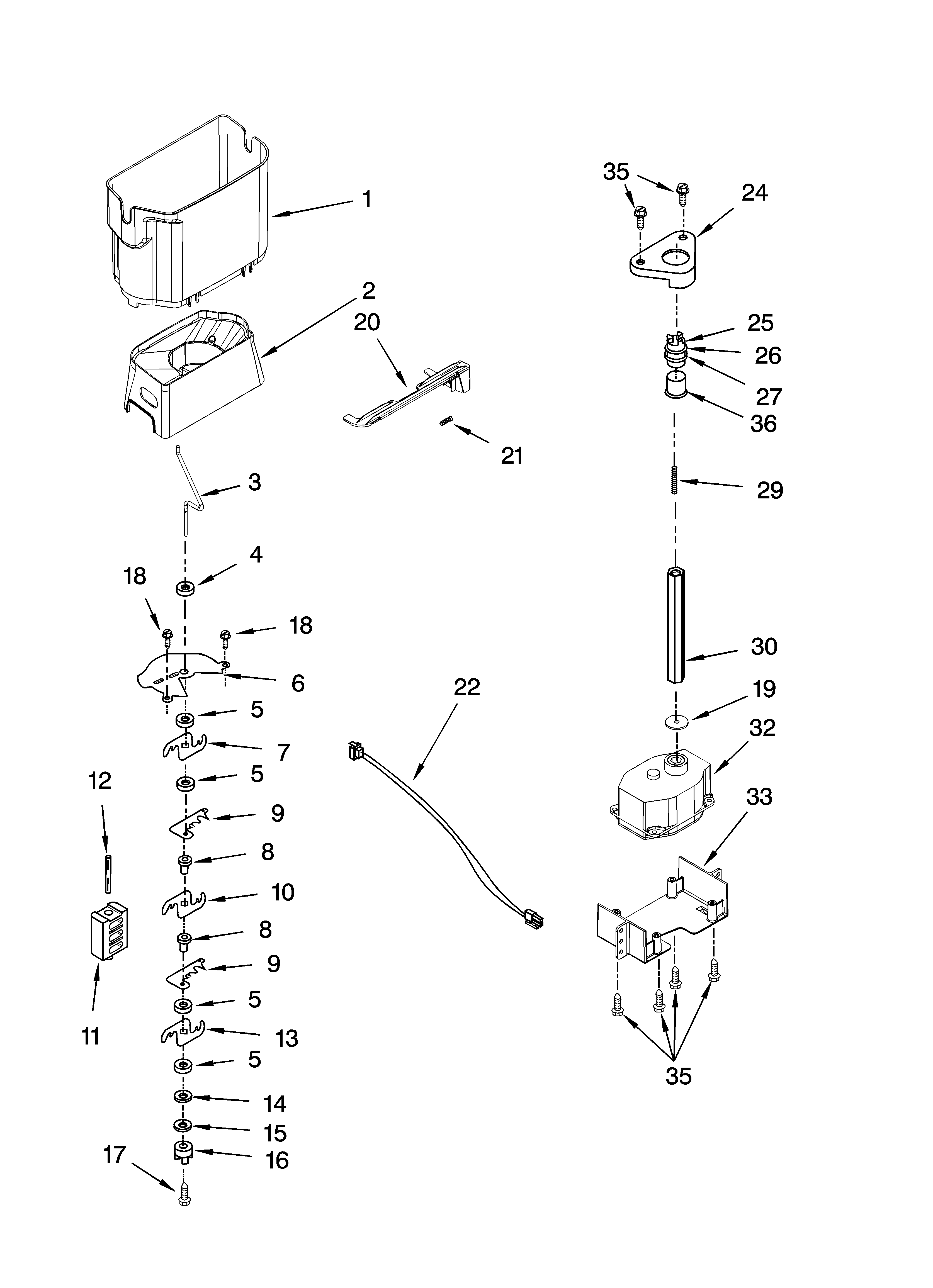 Kenmore Elite 10657794700 motor and ice container parts diagram