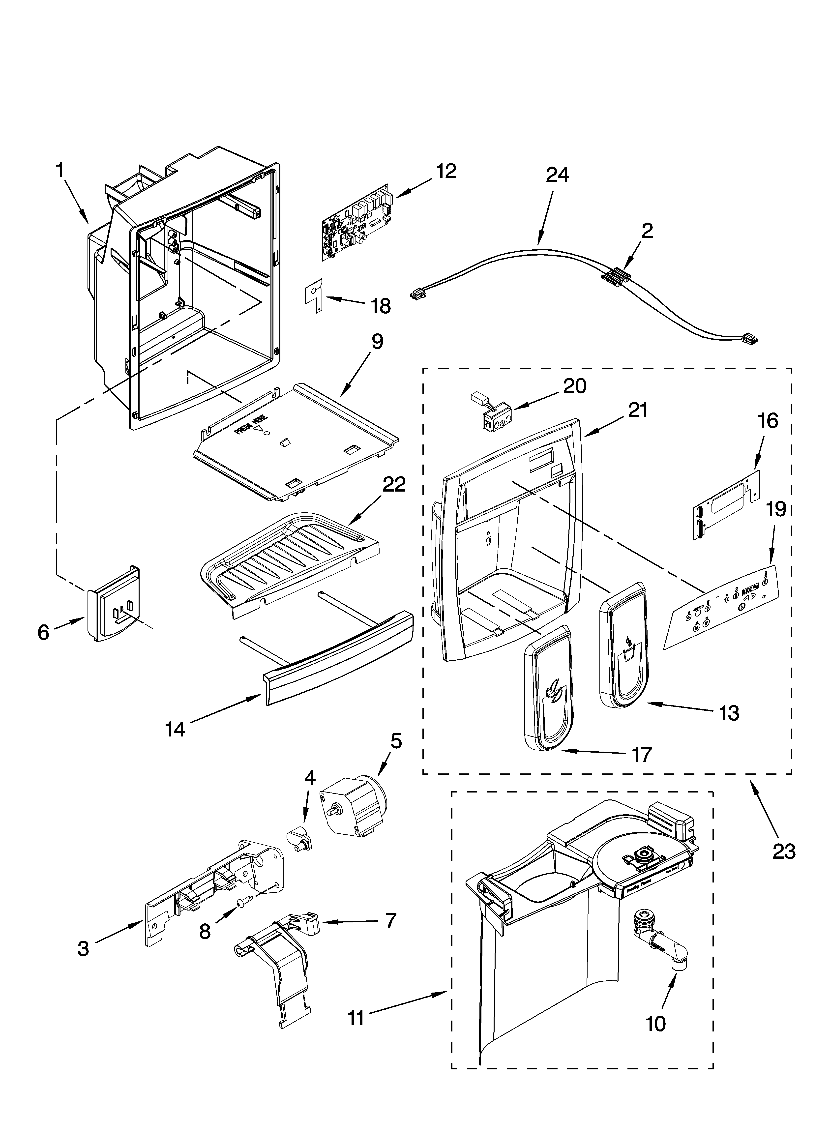Kenmore Elite 10657794700 dispenser front parts diagram