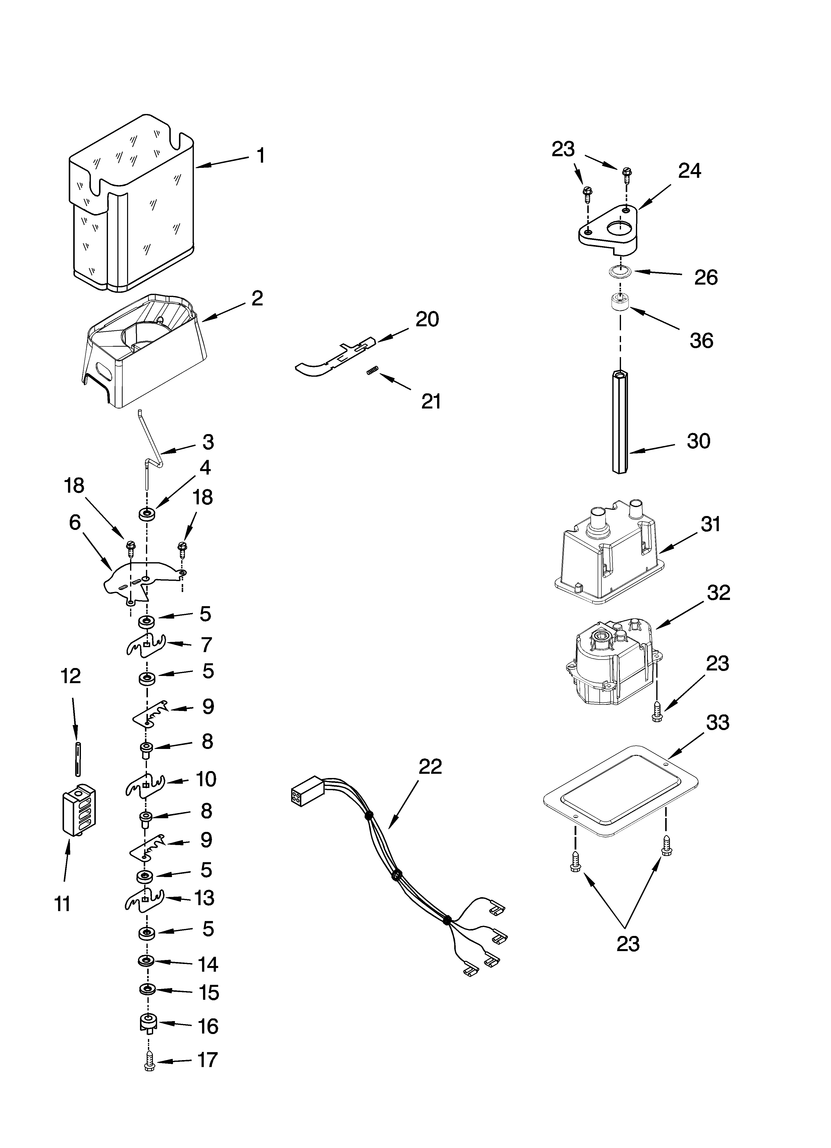 Kenmore 10656839603 motor and ice container parts diagram