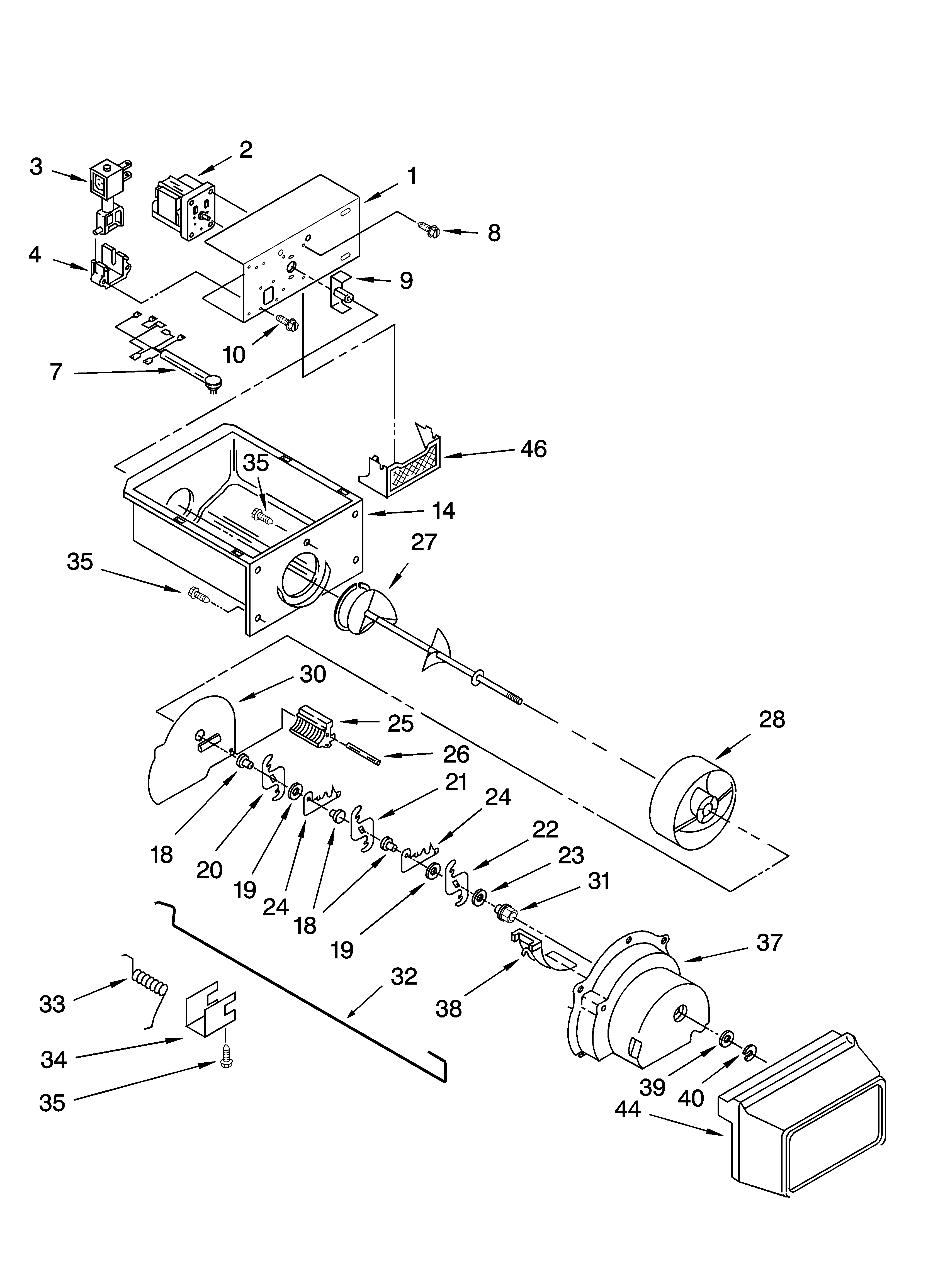 Kenmore 10656996601 motor and ice container parts diagram