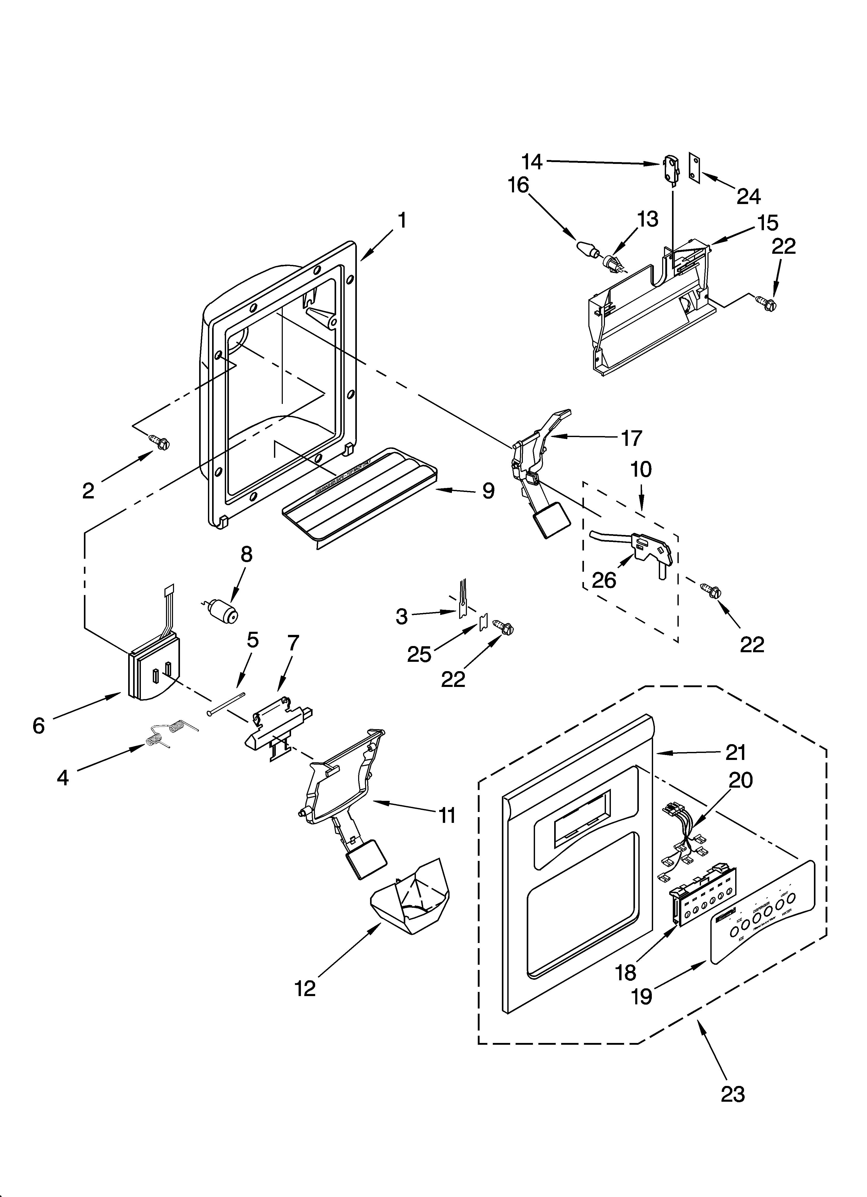 Kenmore 10657209602 dispenser front parts diagram