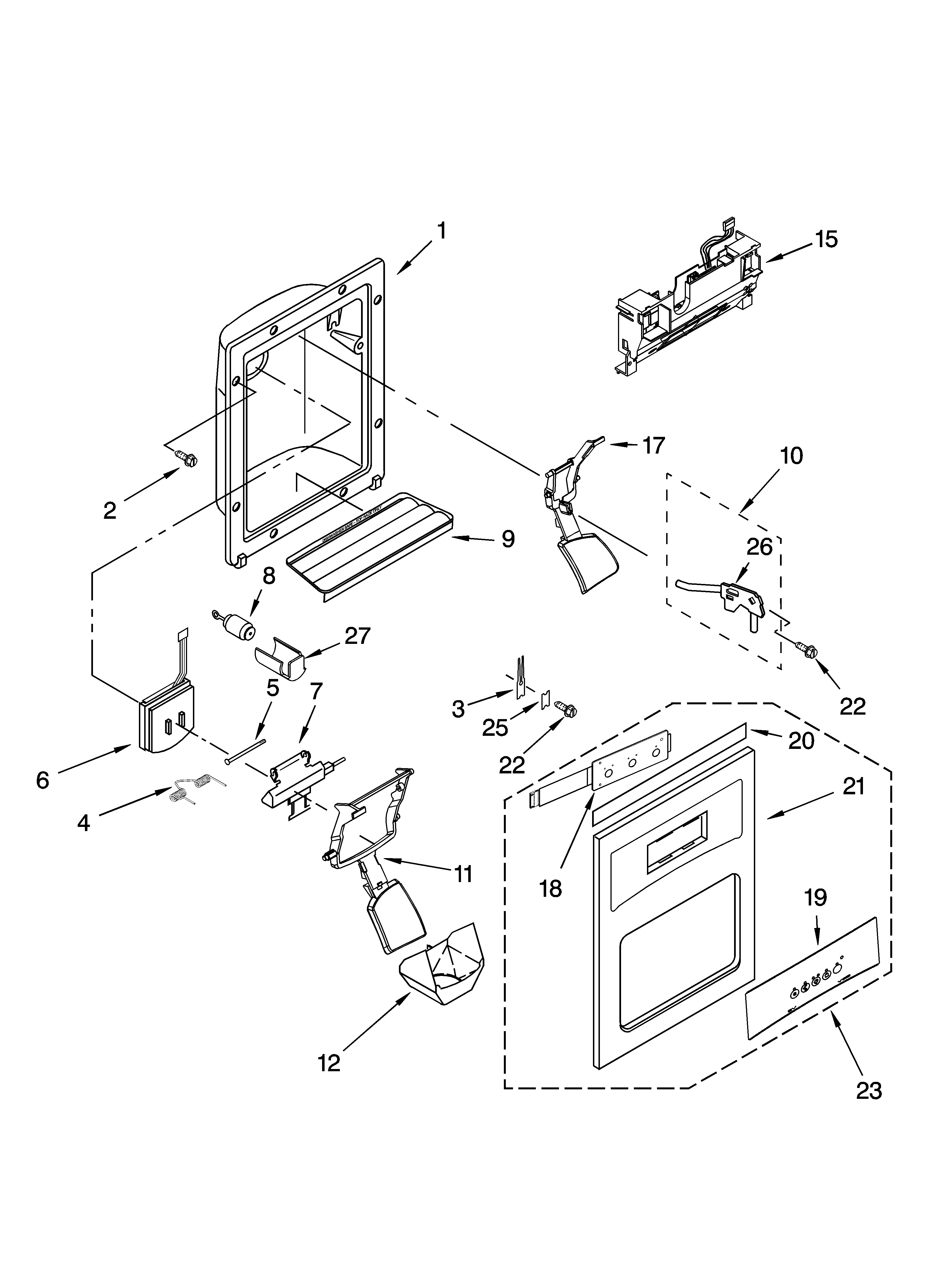Kenmore Elite 10658174702 dispenser front parts diagram