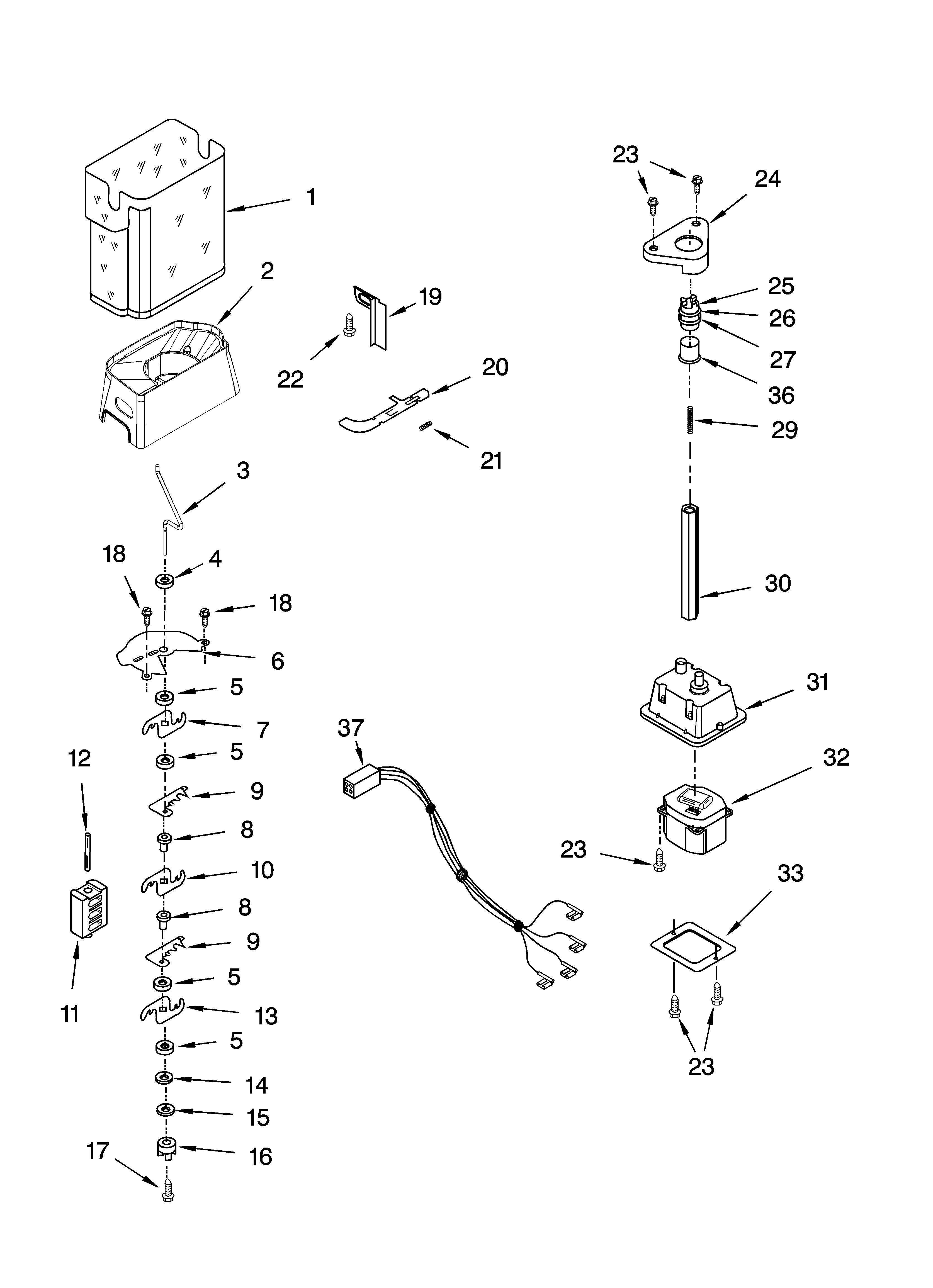 Kenmore Elite 10644432600 motor and ice container parts diagram