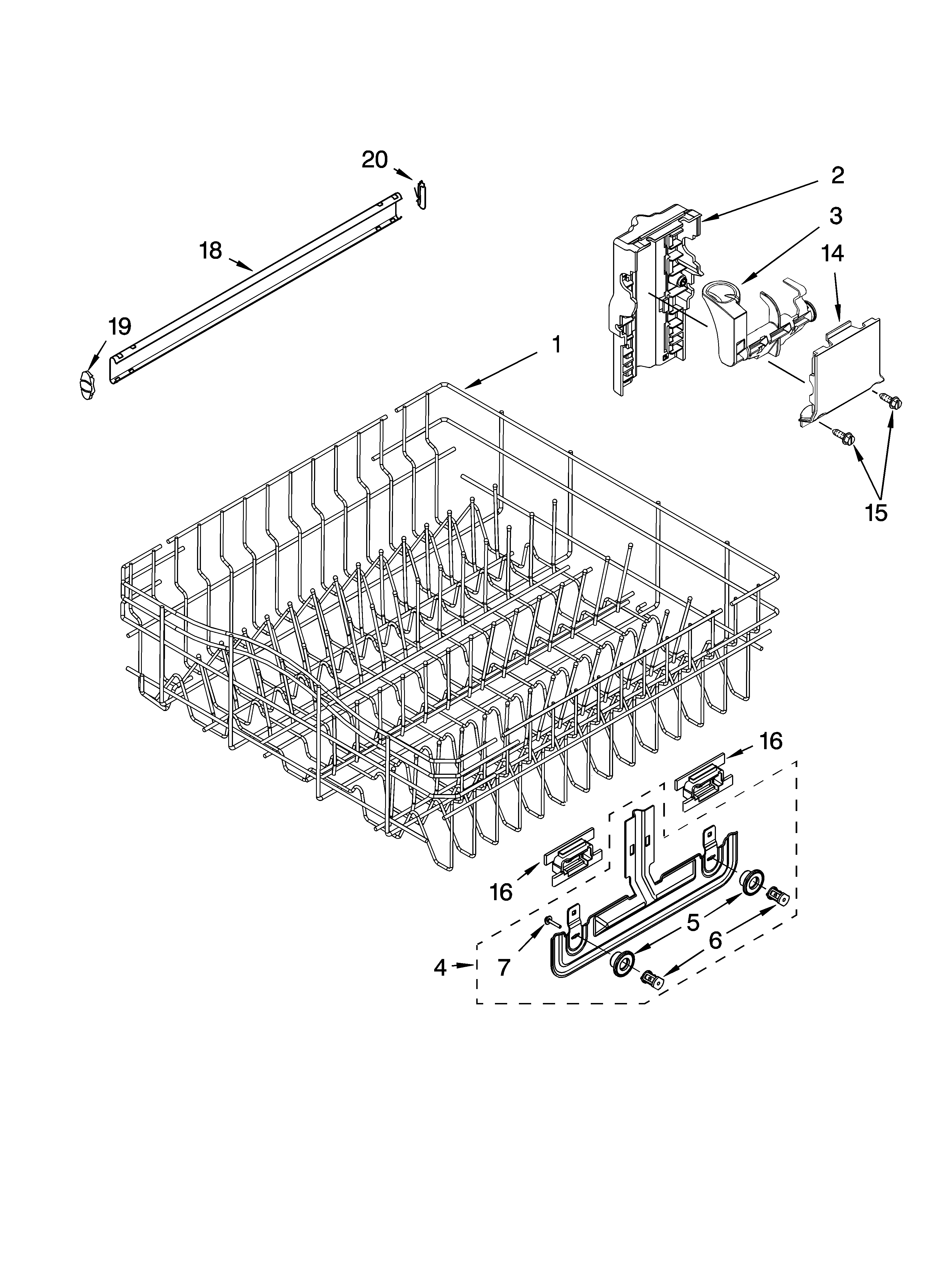 Kenmore 66513222K601 upper rack and track parts diagram