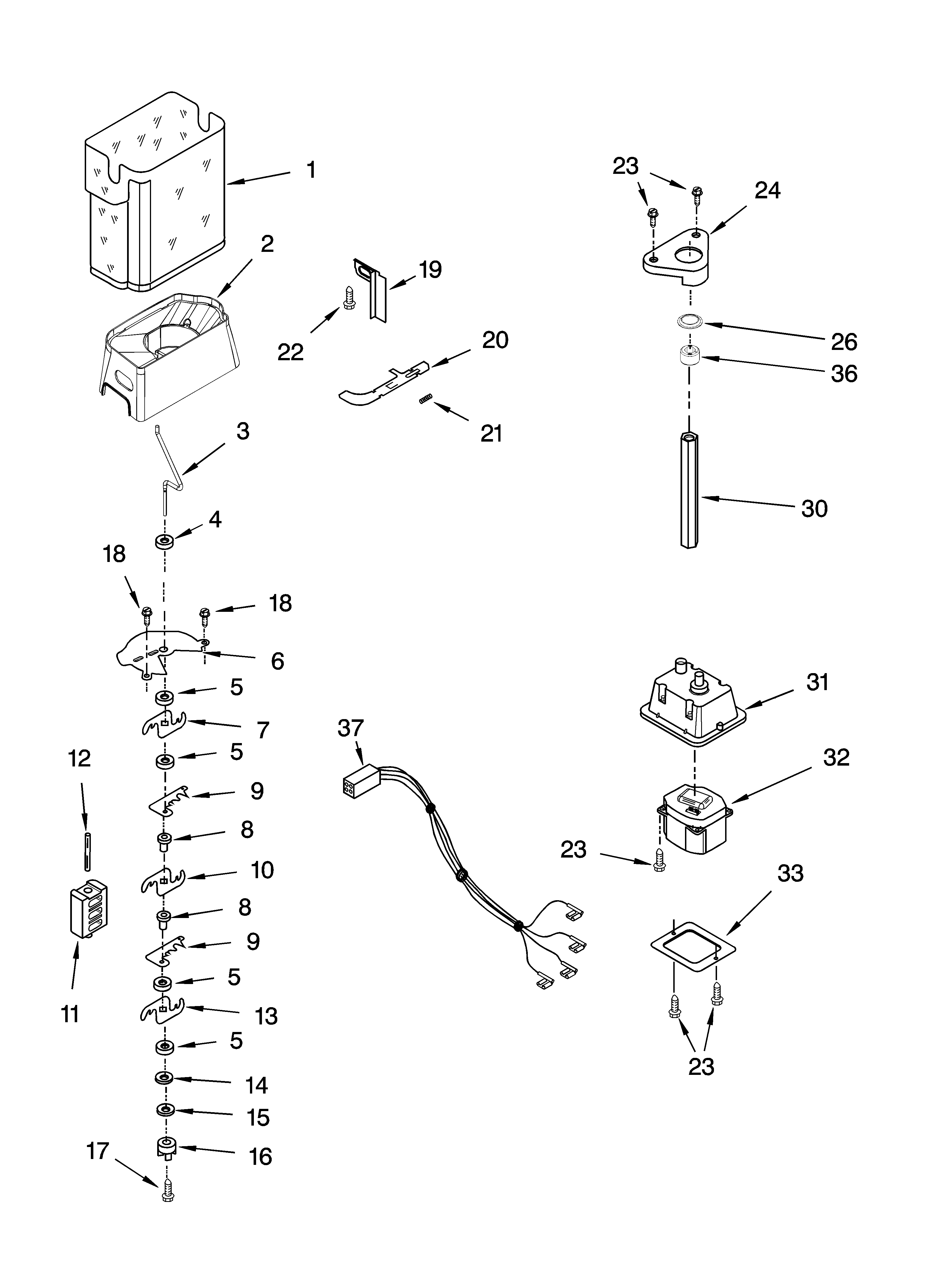 Kenmore Elite 10644023601 motor and ice container parts diagram
