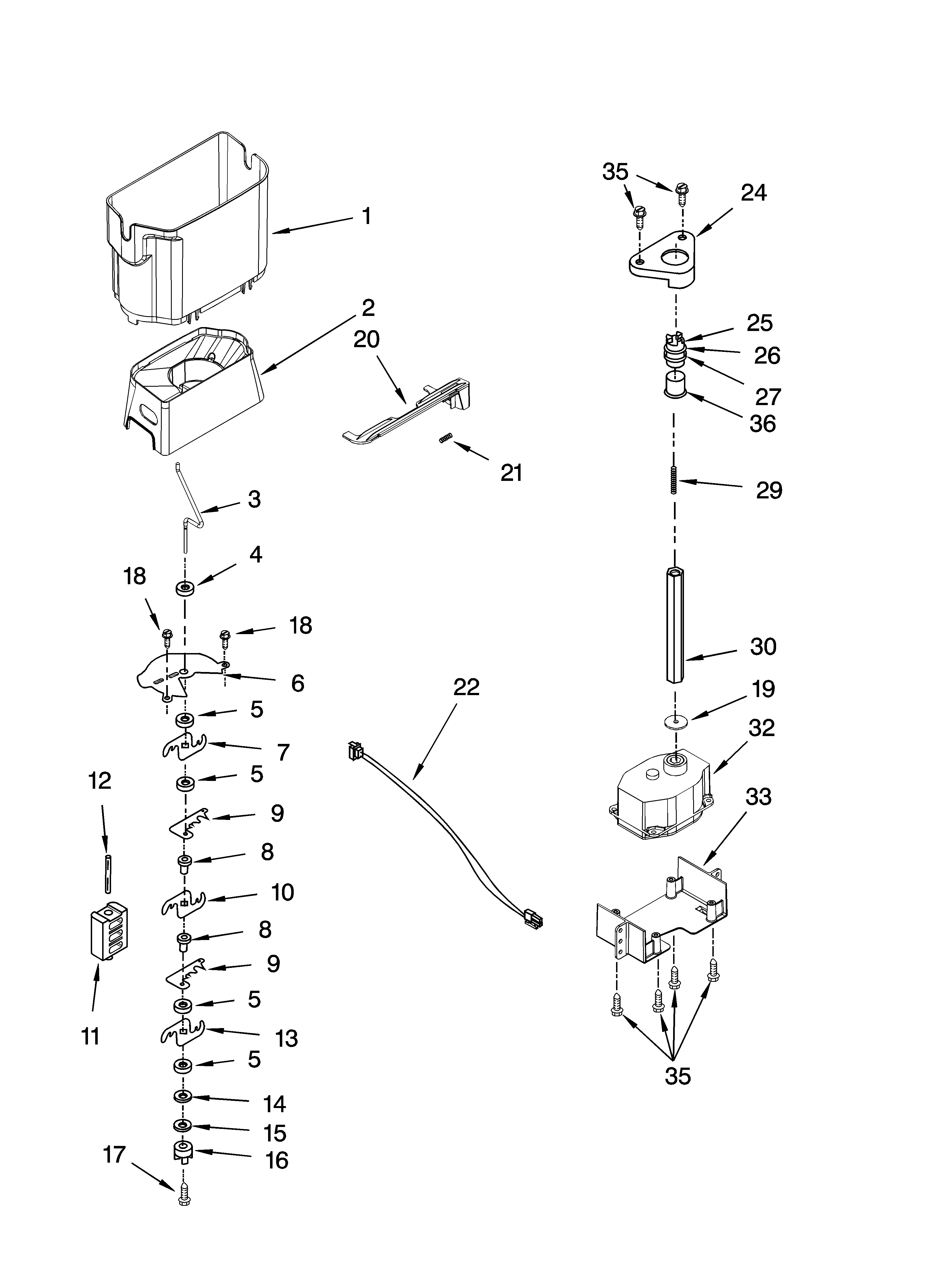 Kenmore Elite 10657704700 motor and ice container parts diagram
