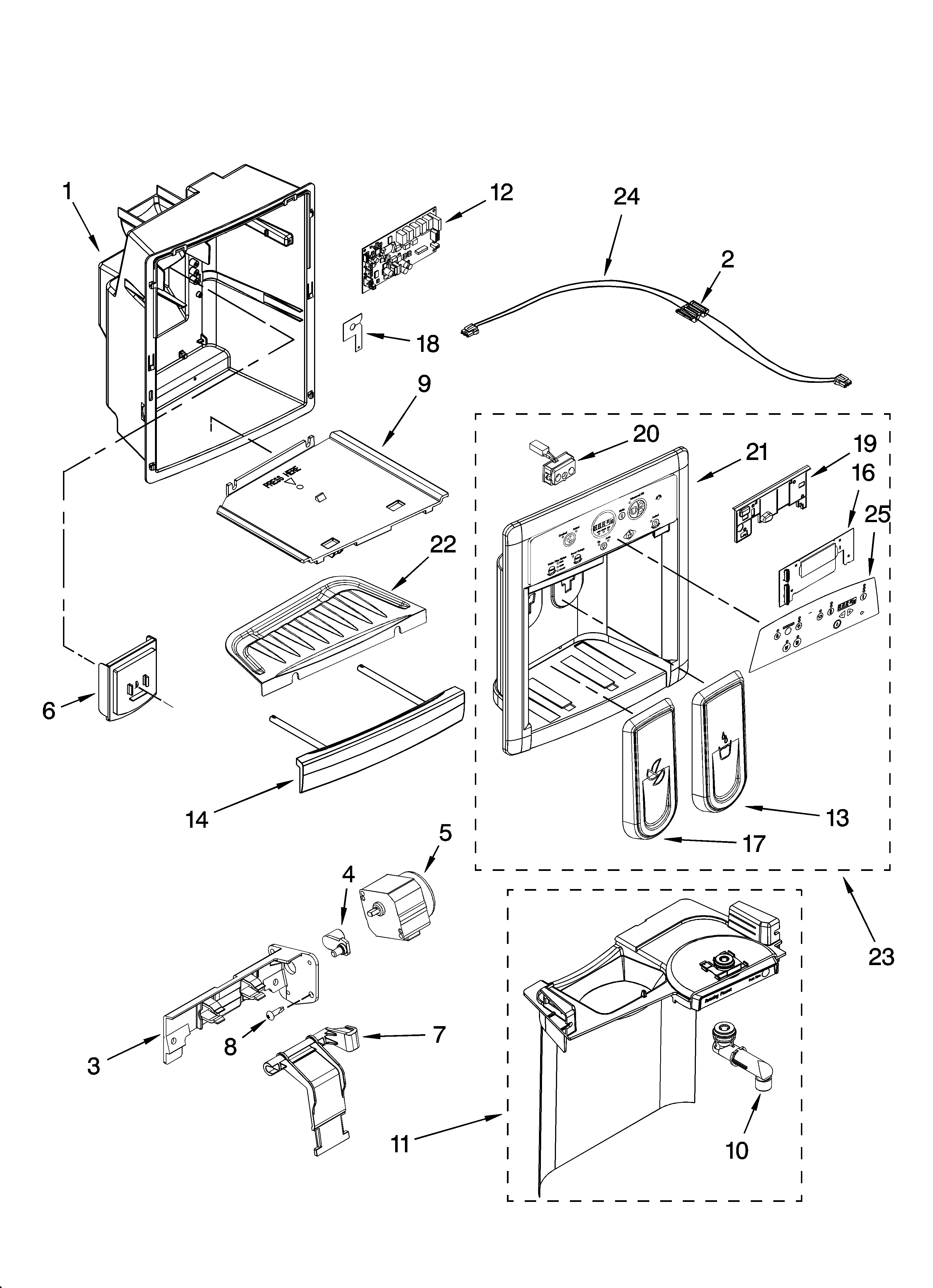 Kenmore Elite 10657704700 dispenser front parts diagram