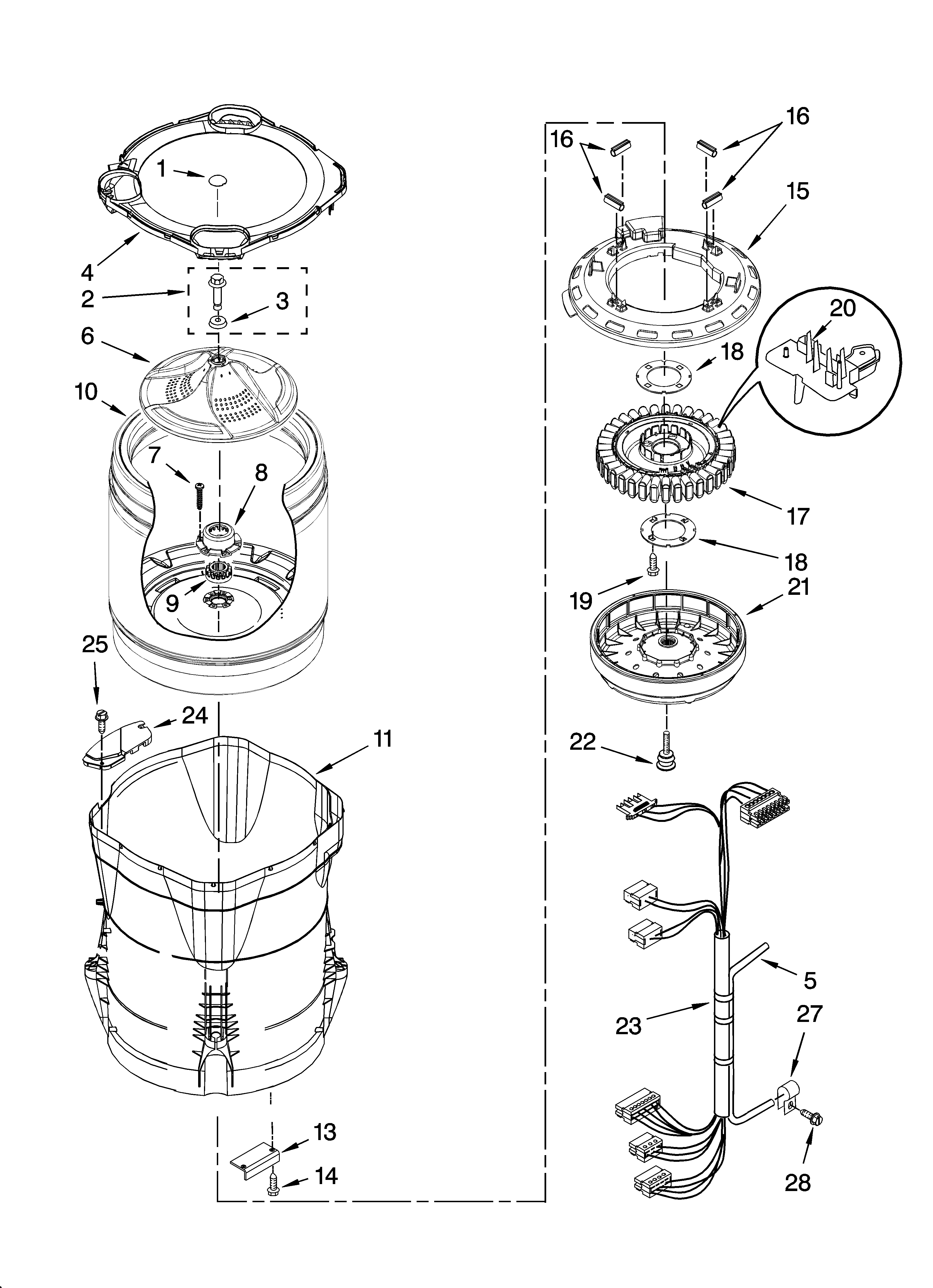 Kenmore Elite 11027072602 motor, basket and tub parts diagram