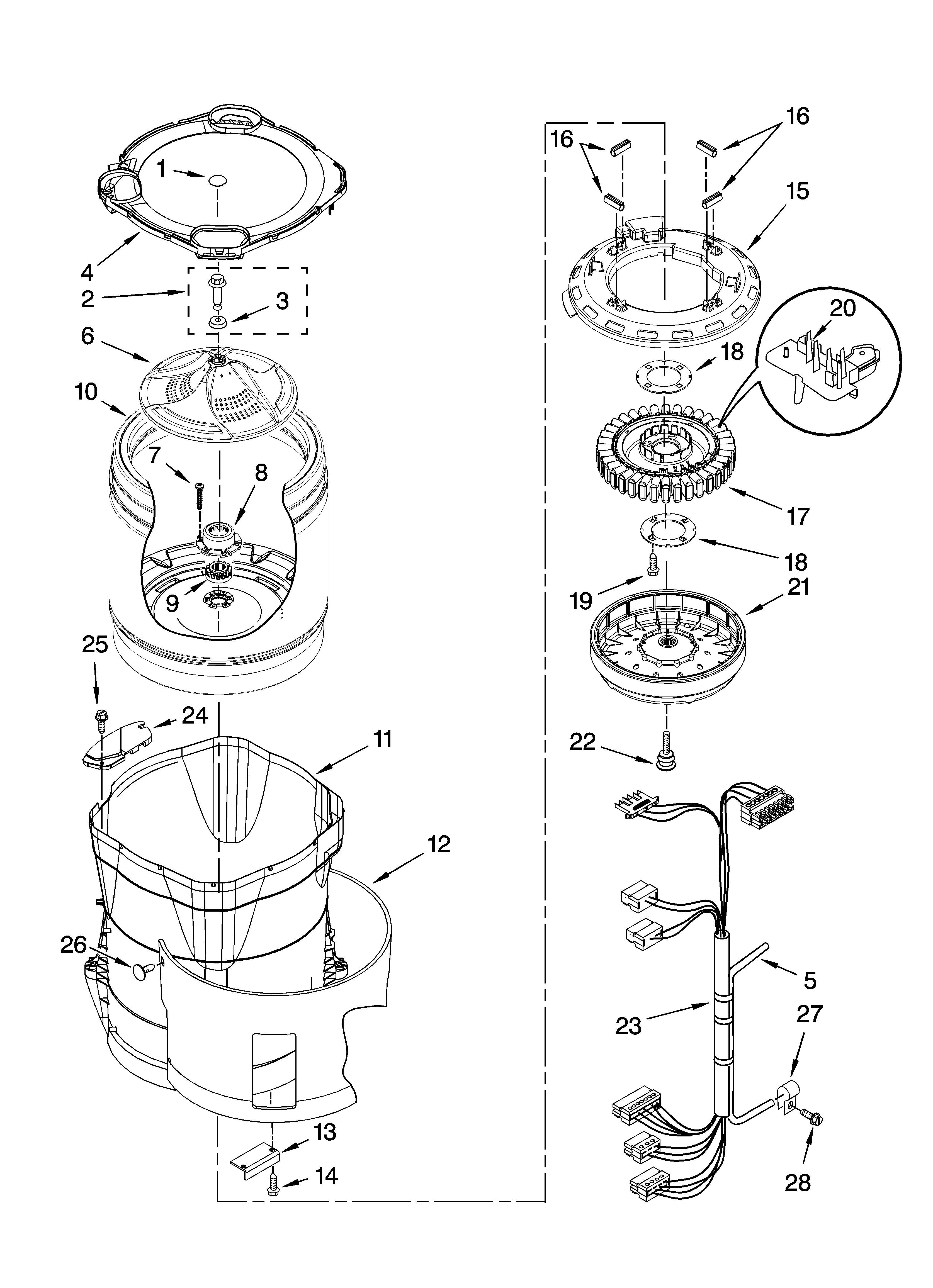 Kenmore Elite 11027087604 motor, basket and tub parts diagram