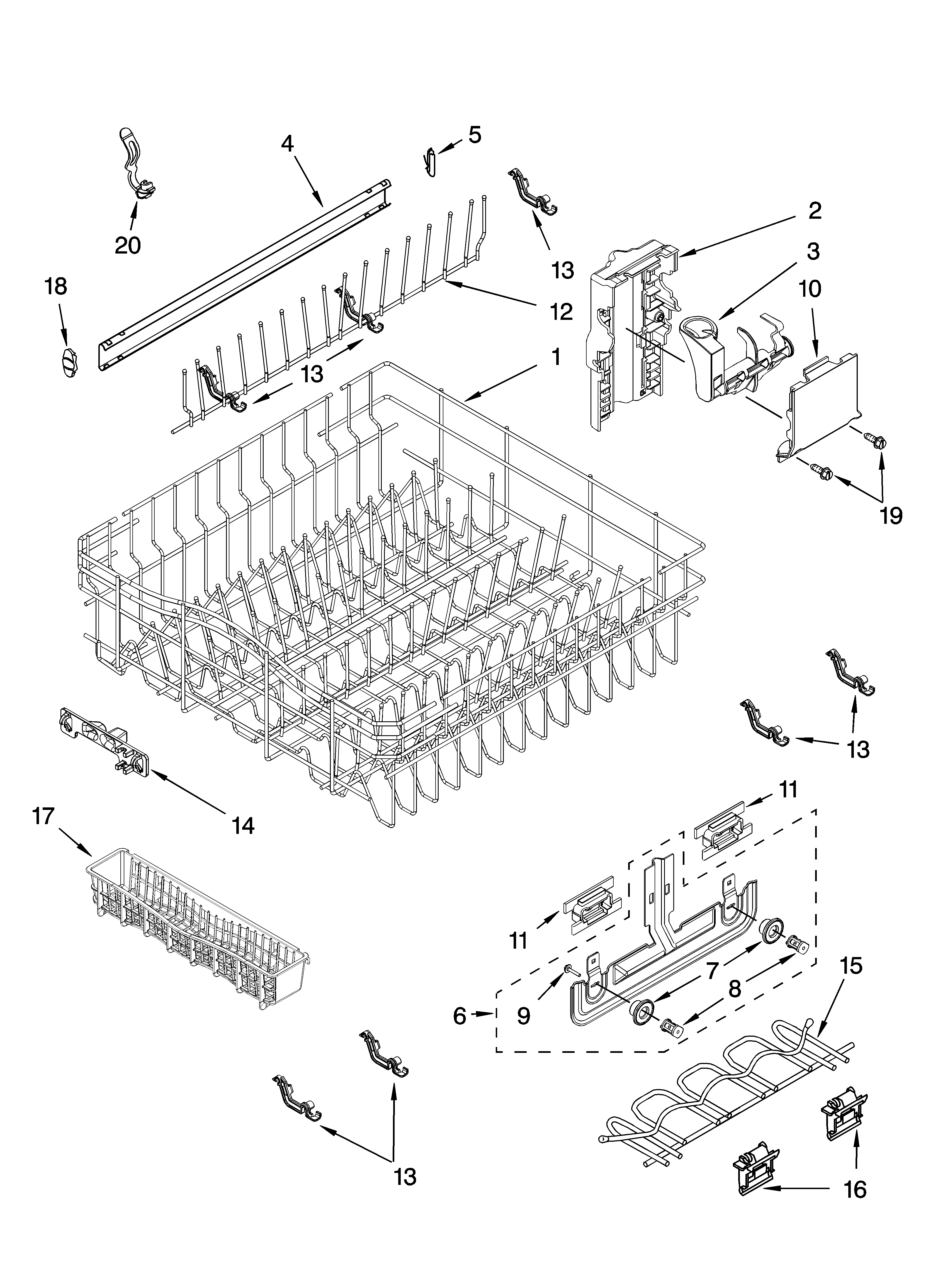 Kenmore Elite 66576972K602 upper rack and track parts diagram