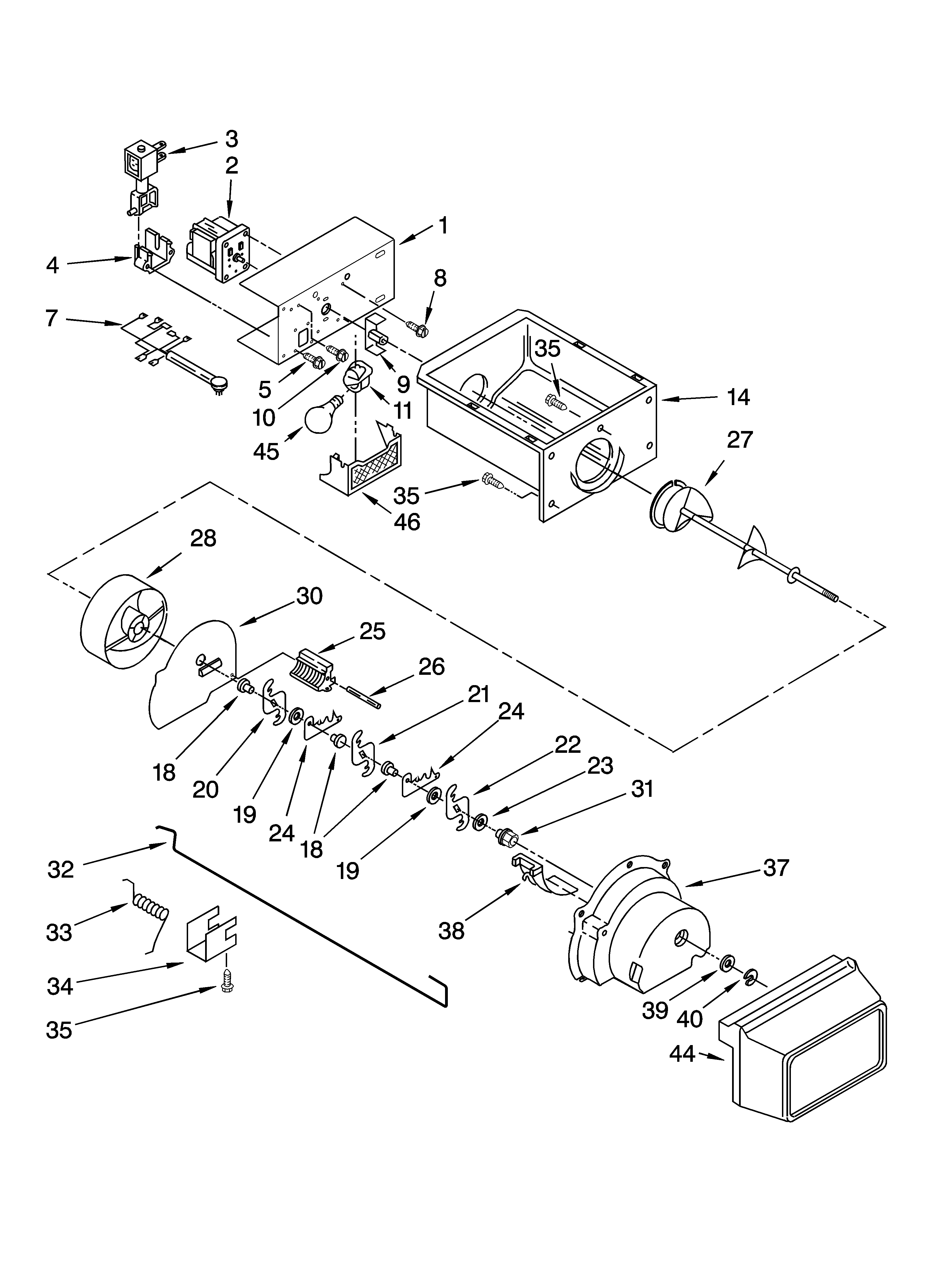 Kenmore 10657162700 motor and ice container parts diagram